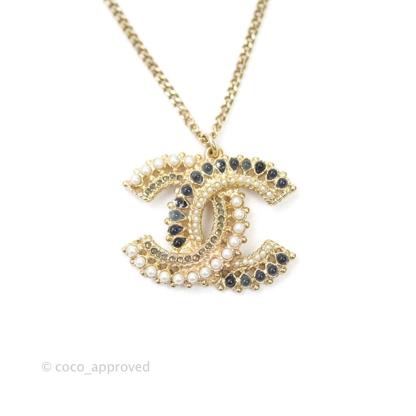 Chanel CC Pearl Pendant Necklace Gold Tone 18K