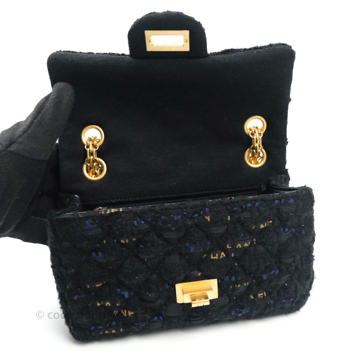 Chanel Mini Reissue 224 Black Navy Tweed Gold Hardware