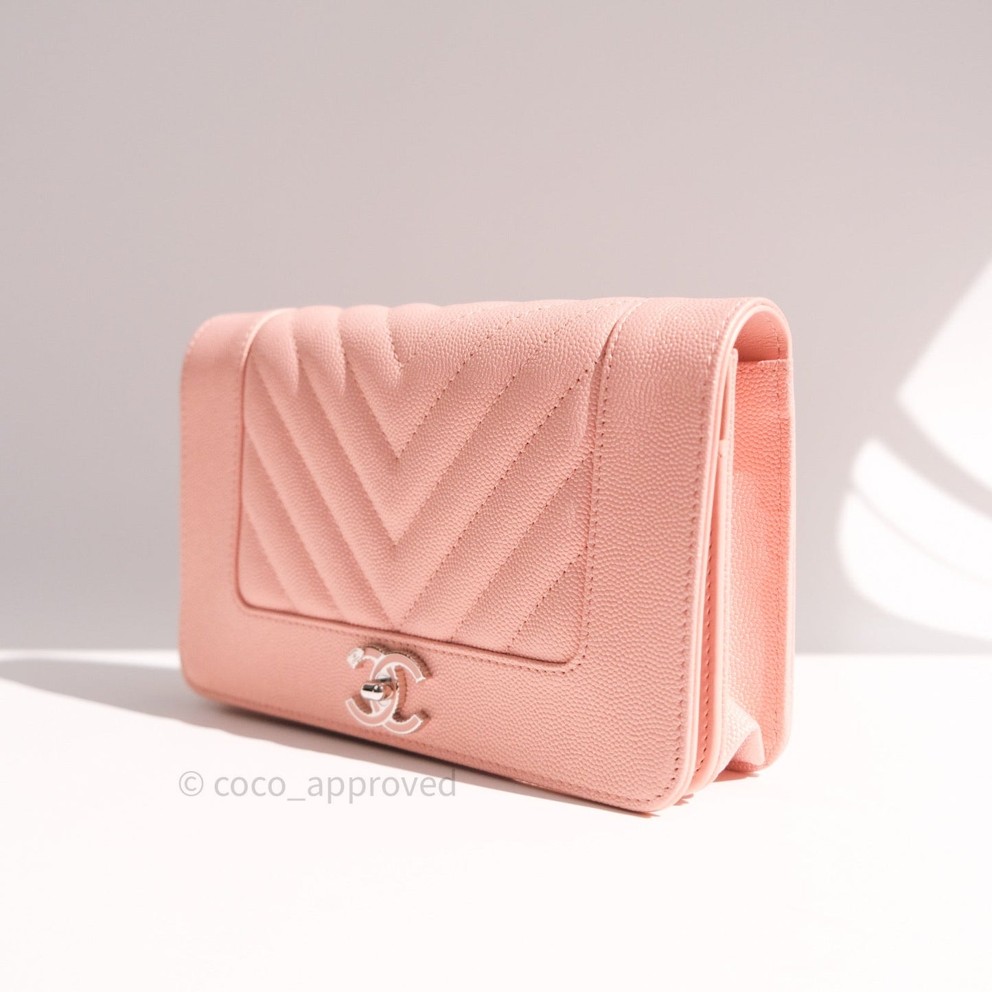 Chanel Chevron Wallet on Chain WOC Rose Gold Caviar Silver Hardware 19P