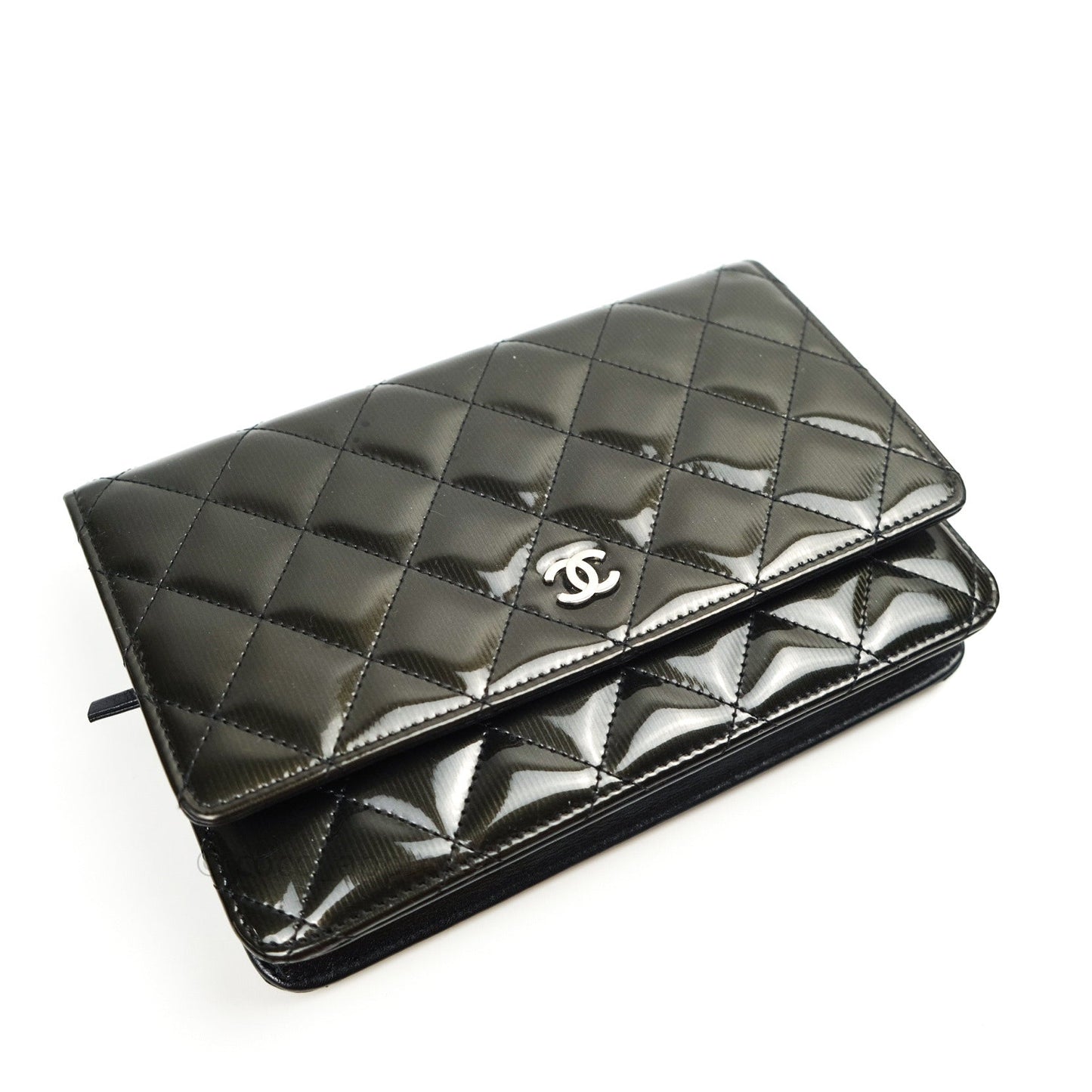 Chanel Quilted Wallet on Chain WOC Dark Green Patent Leather Silver Hardware