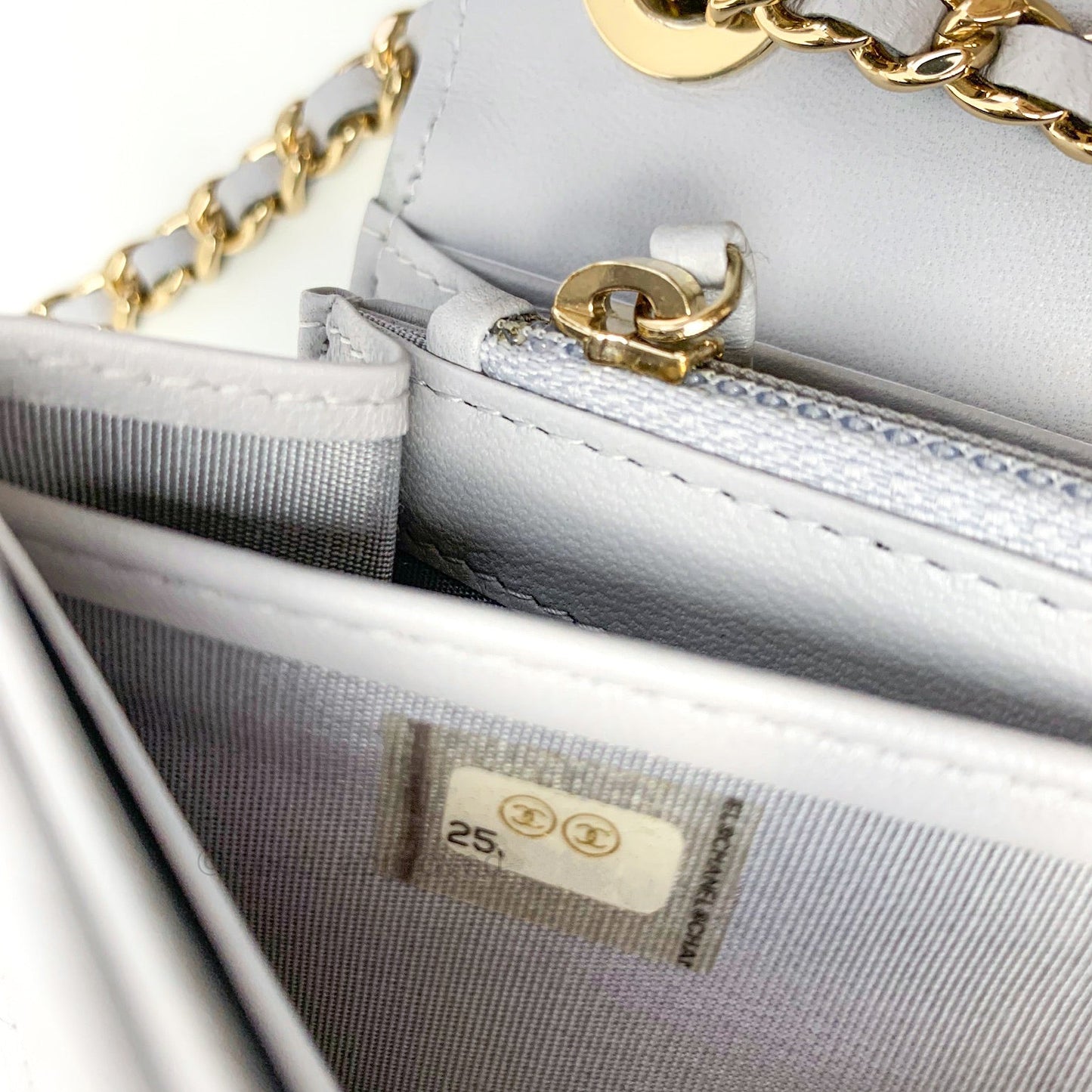 Chanel Mini Trendy CC Wallet On Chain WOC Lambskin Chevron Grey Gold Hardware