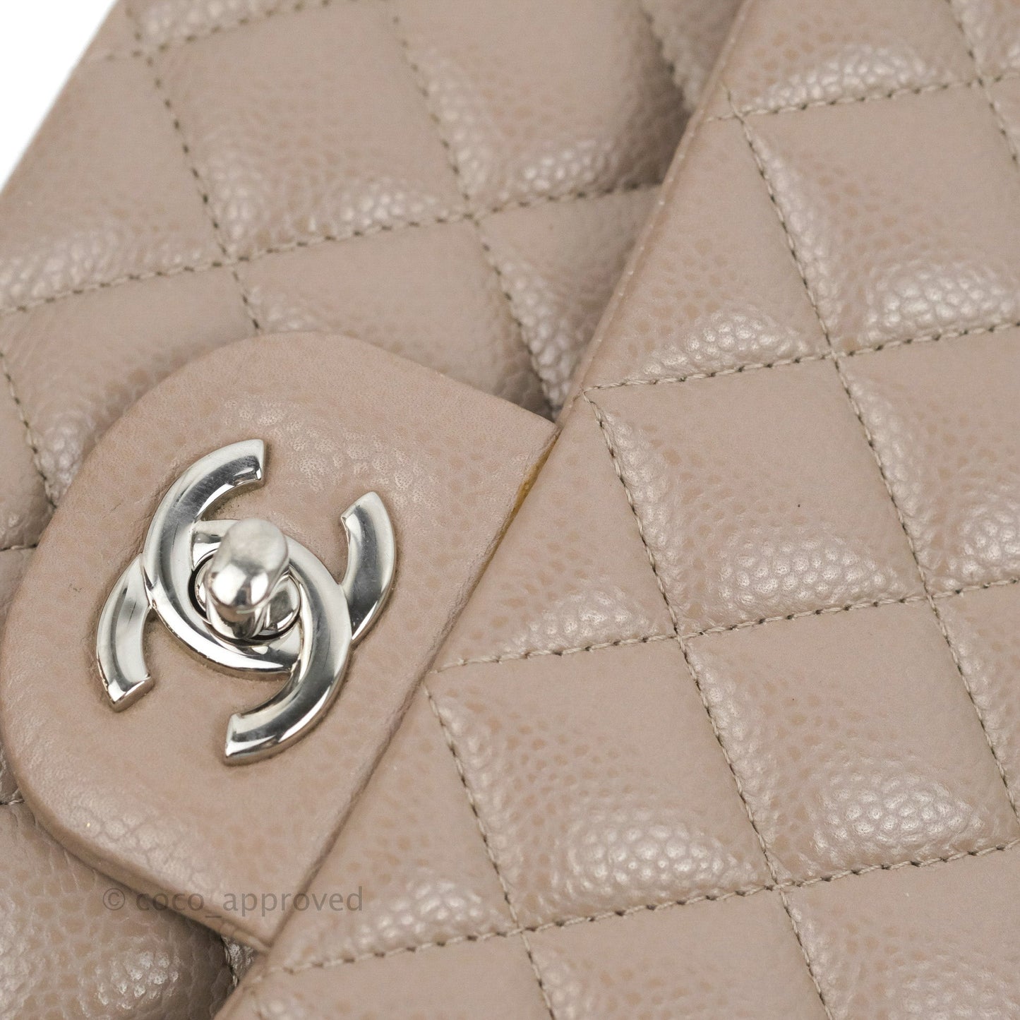 Chanel Classic M/L Medium Flap Quilted Taupe Grey Caviar Silver Hardware