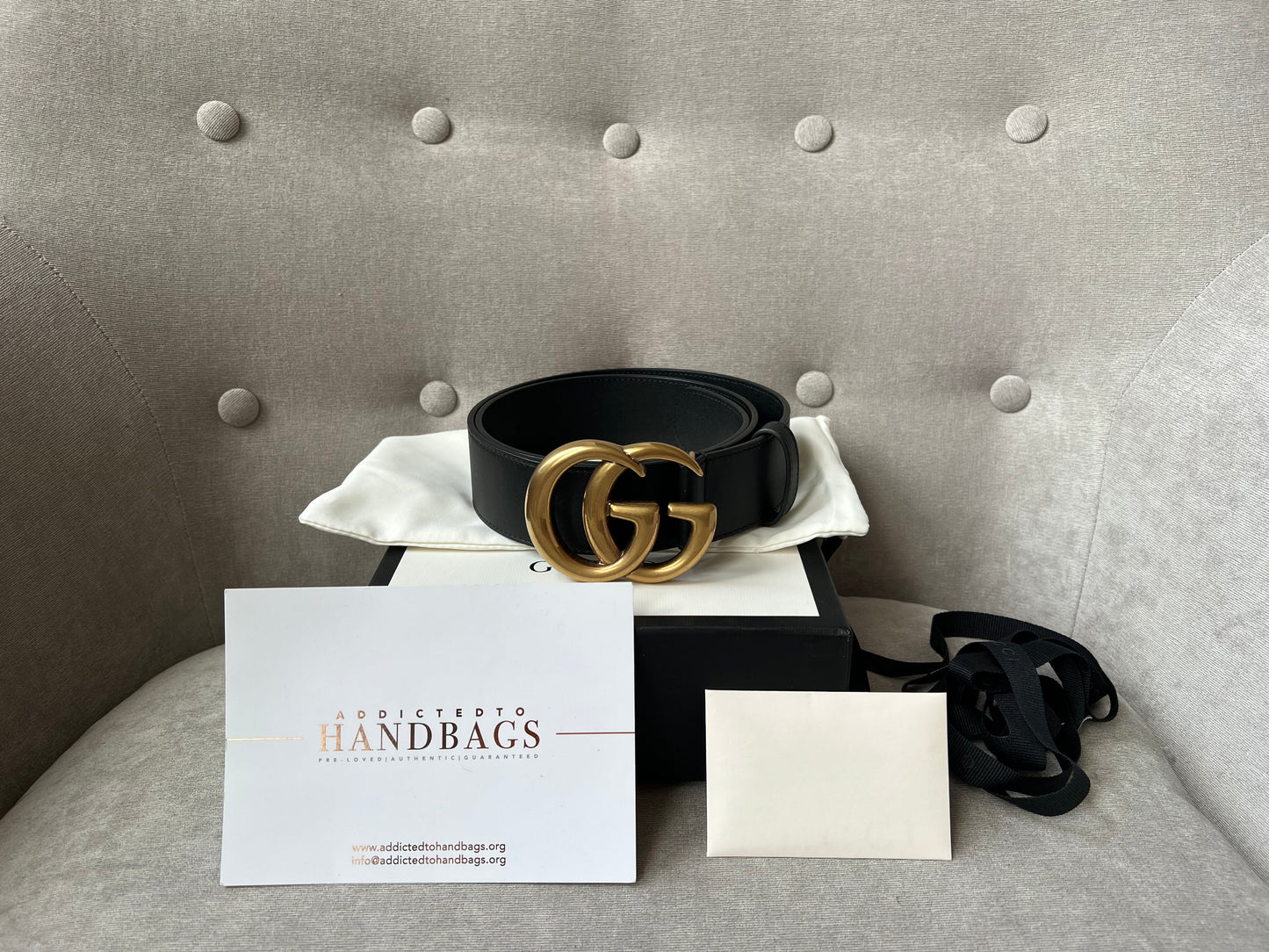 Luxury Gucci GG Marmont Black Leather Belt with Gold Buckle