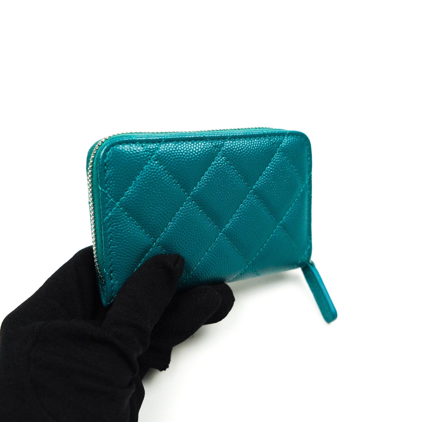 Chanel Quilted Zip Card Holder Green Caviar Silver Hardware