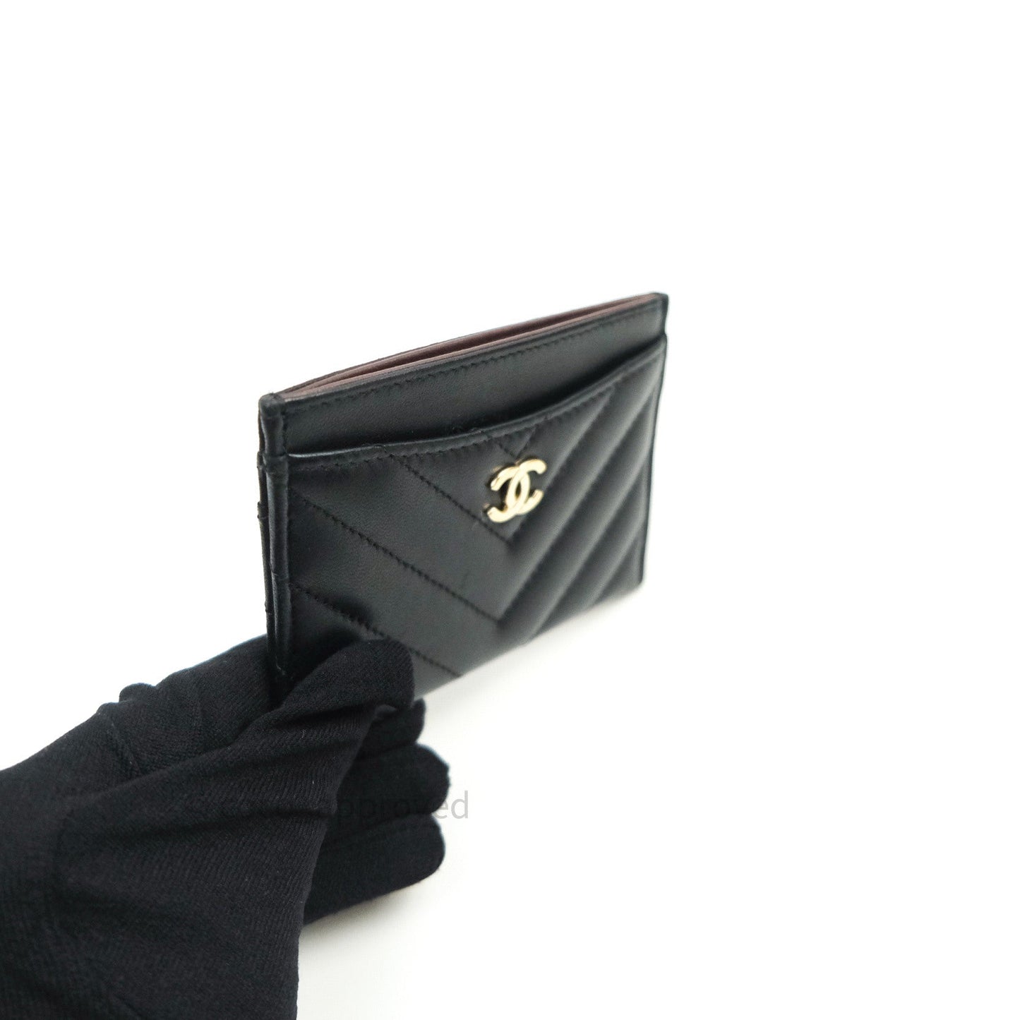 Chanel Chevron Classic Black Flat Card Holder Lambskin Gold Hardware