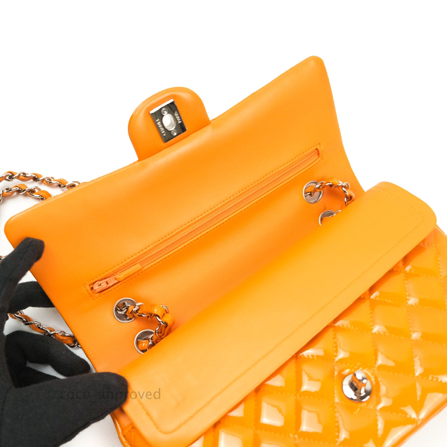 Chanel Classic M/L Medium Double Flap Orange Patent Silver Hardware