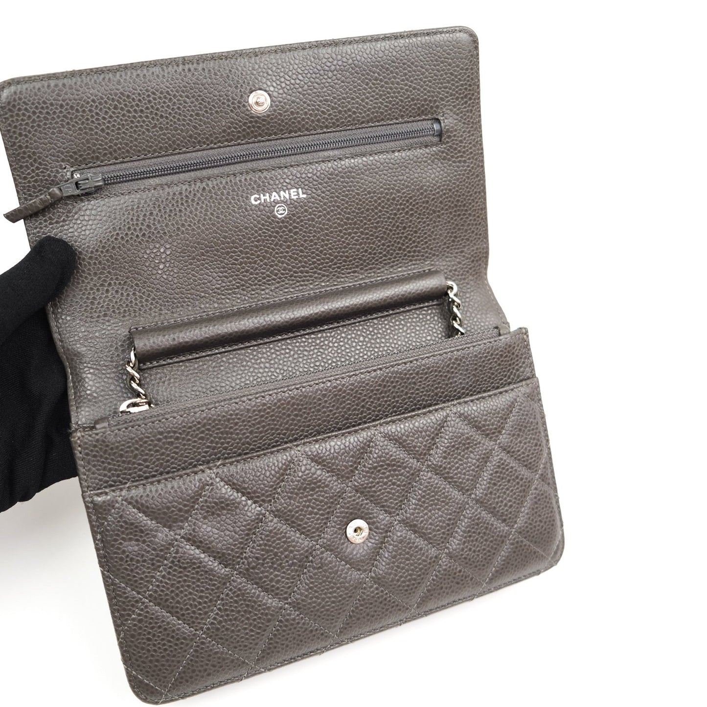 Chanel Quilted Wallet on Chain WOC Dark Grey Caviar Silver Hardware