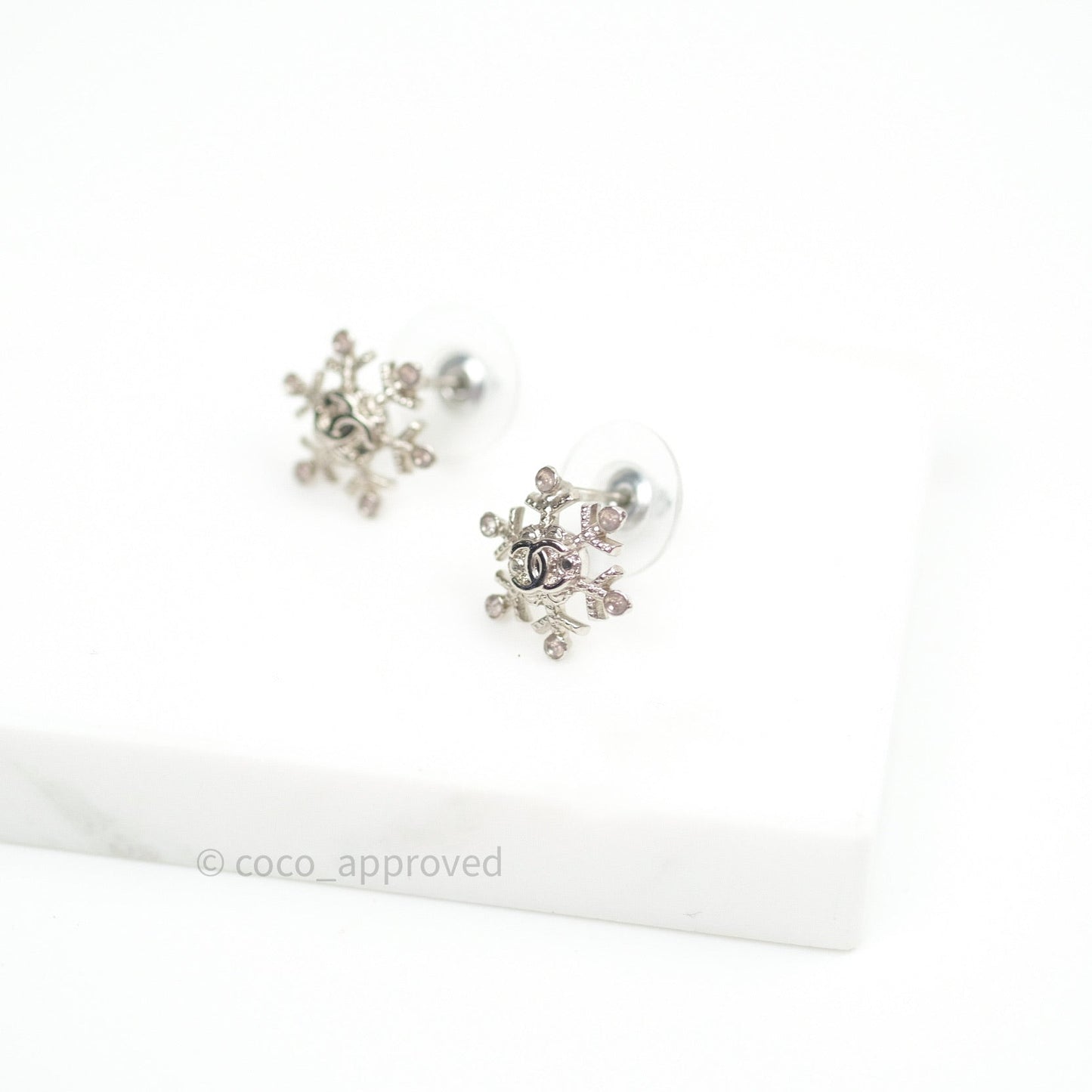 Chanel Crystal Snowflake CC Earrings Silver