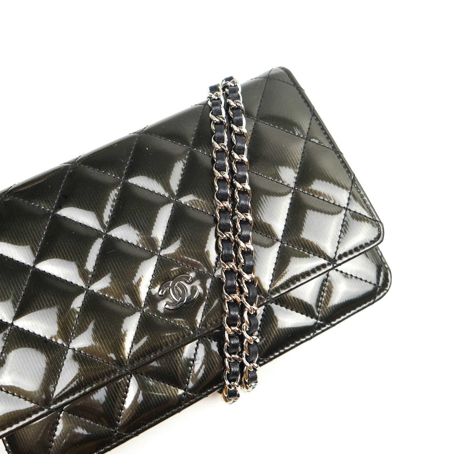 Chanel Quilted Wallet on Chain WOC Dark Green Patent Leather Silver Hardware