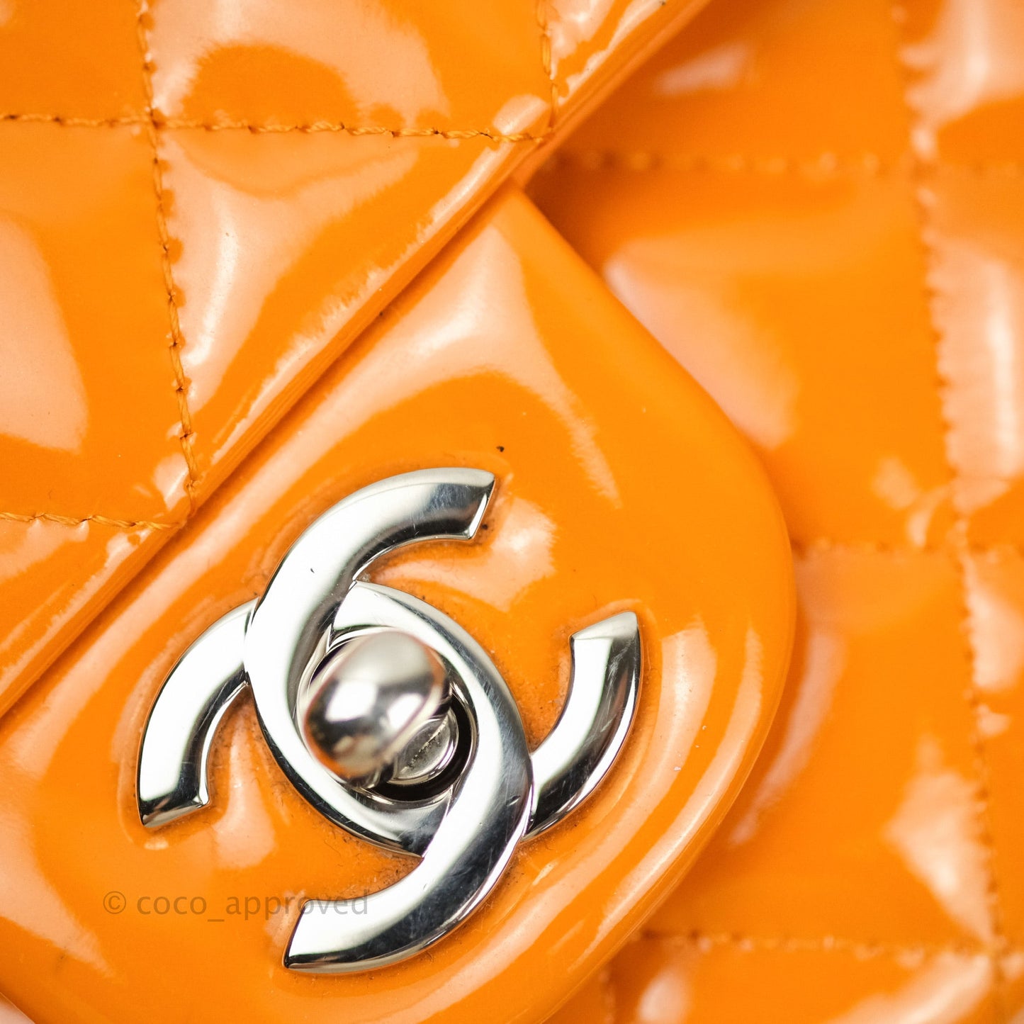 Chanel Classic M/L Medium Double Flap Orange Patent Silver Hardware