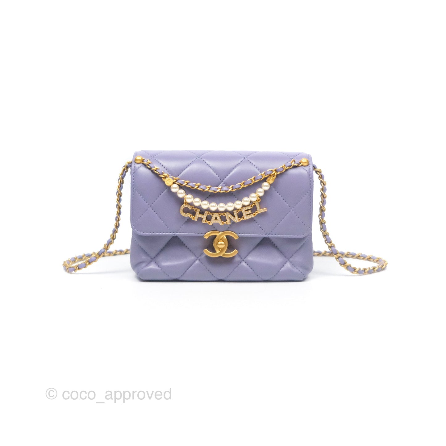 Chanel Crystal Pearl Chain Mini Flap Bag Purple Lambskin Aged Gold Hardware