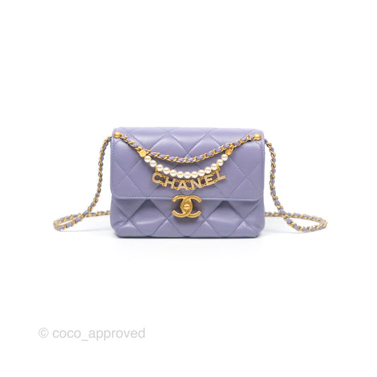 Chanel Crystal Pearl Chain Mini Flap Bag Purple Lambskin Aged Gold Hardware