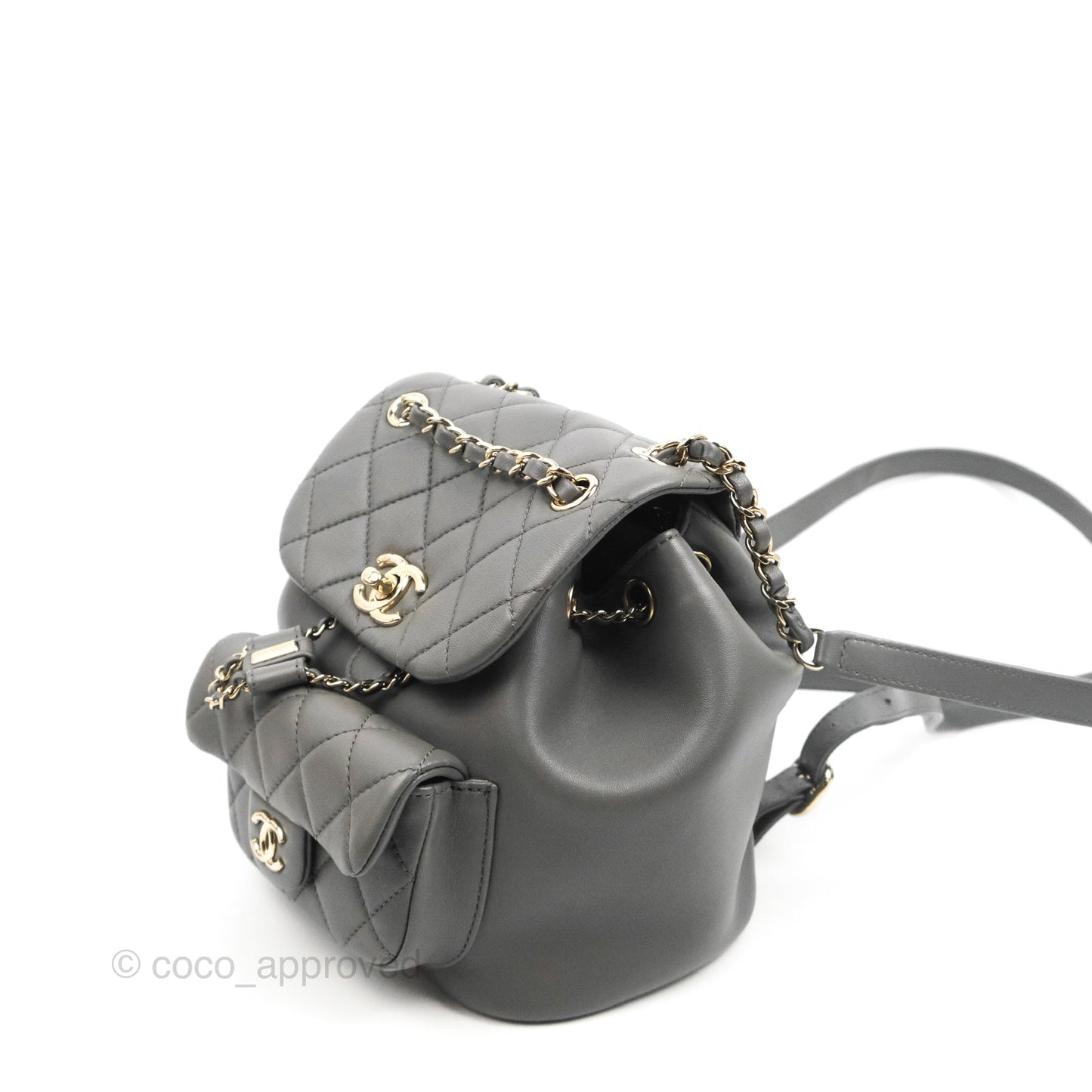 Chanel Quilted Small Duma Drawstring Backpack Grey Lambskin Gold Hardware 22A