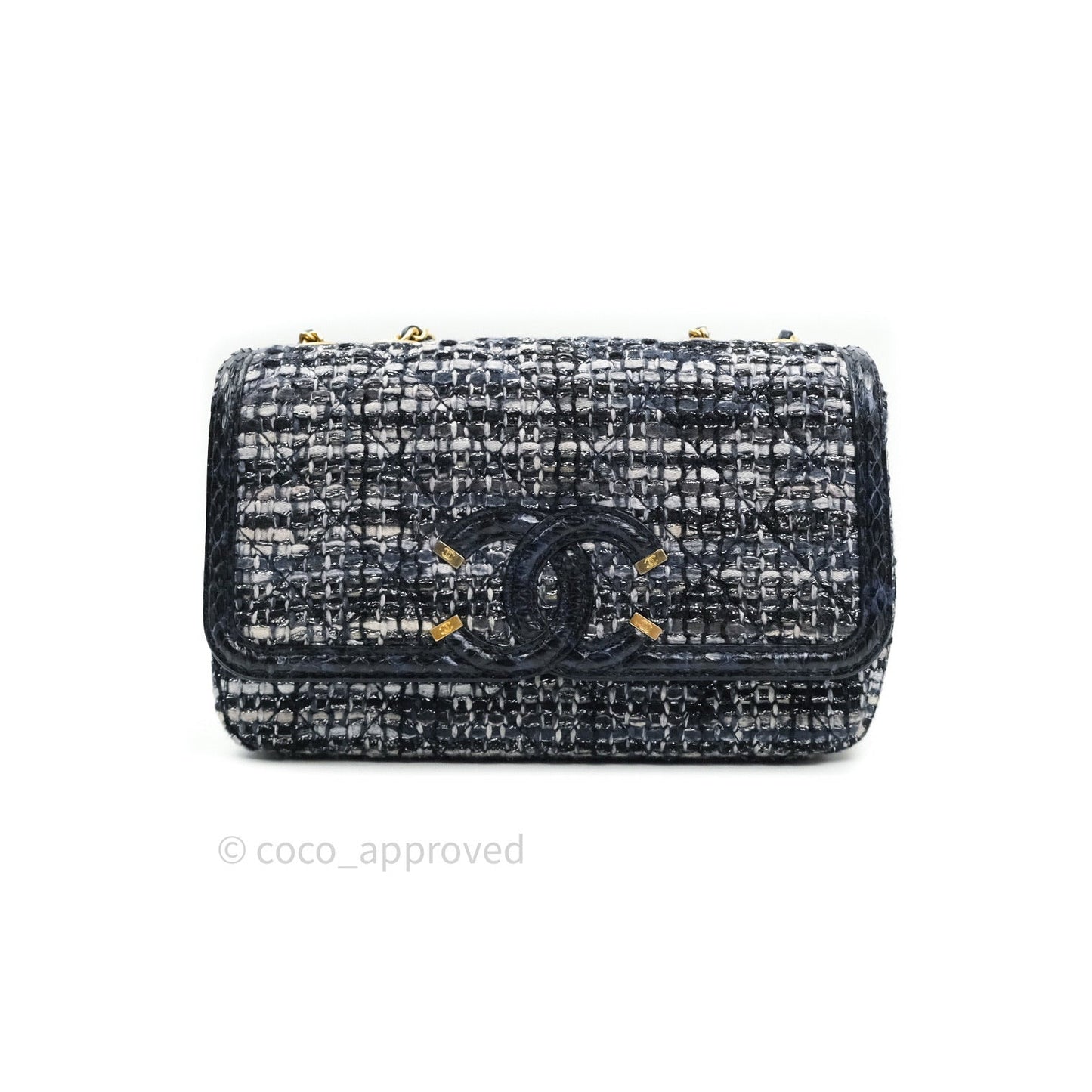 Chanel Quilted Small CC Filigree Flap Blue Tweed With Python 18S