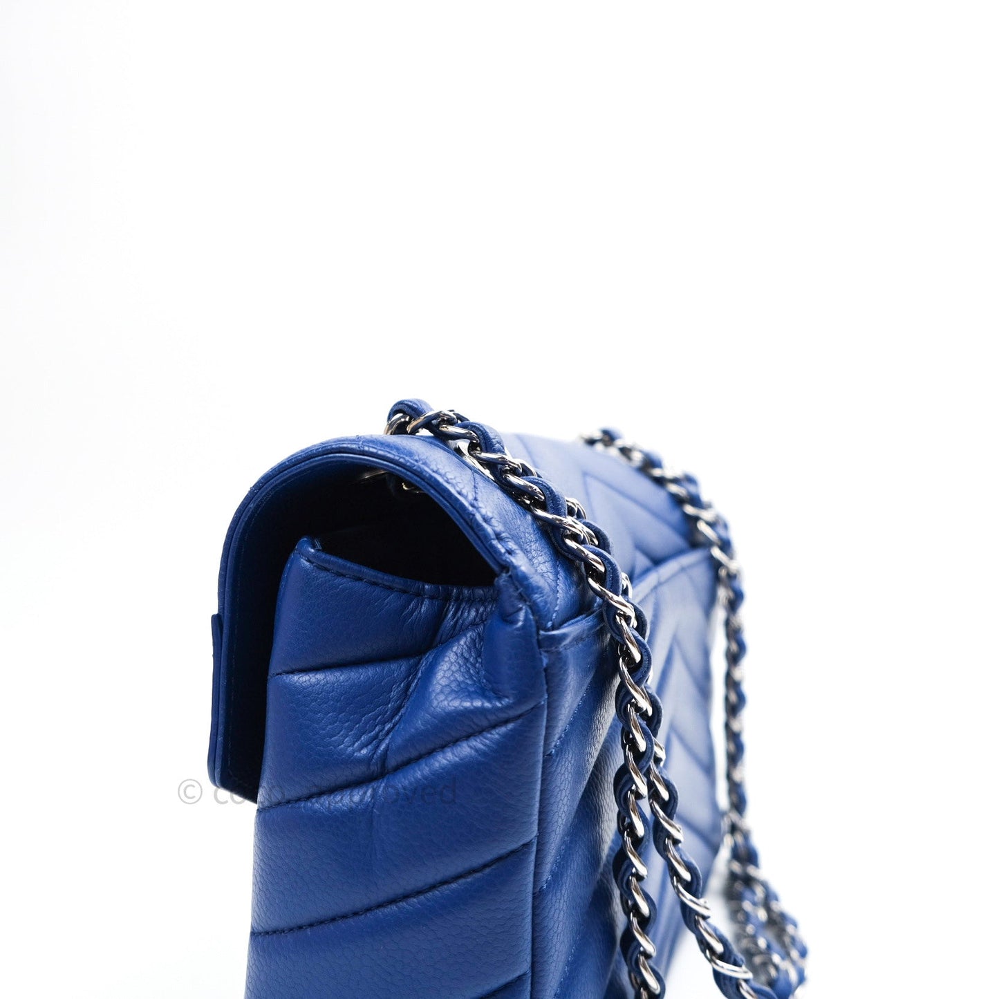 Chanel Chevron Quilted Medium Blue Grained Calfskin Silver Hardware