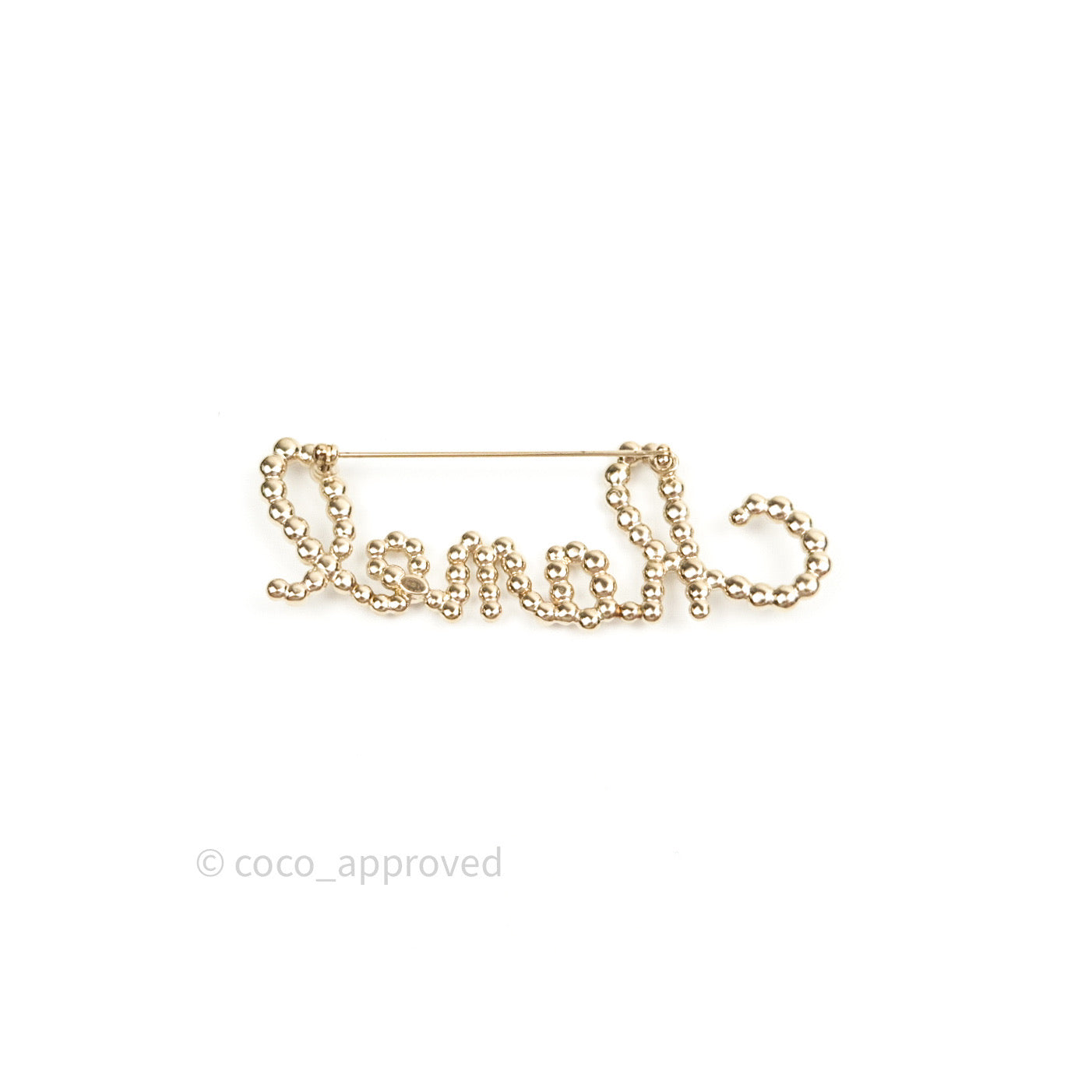 Chanel Logo Pearl Crystal Brooch Gold Tone 19K