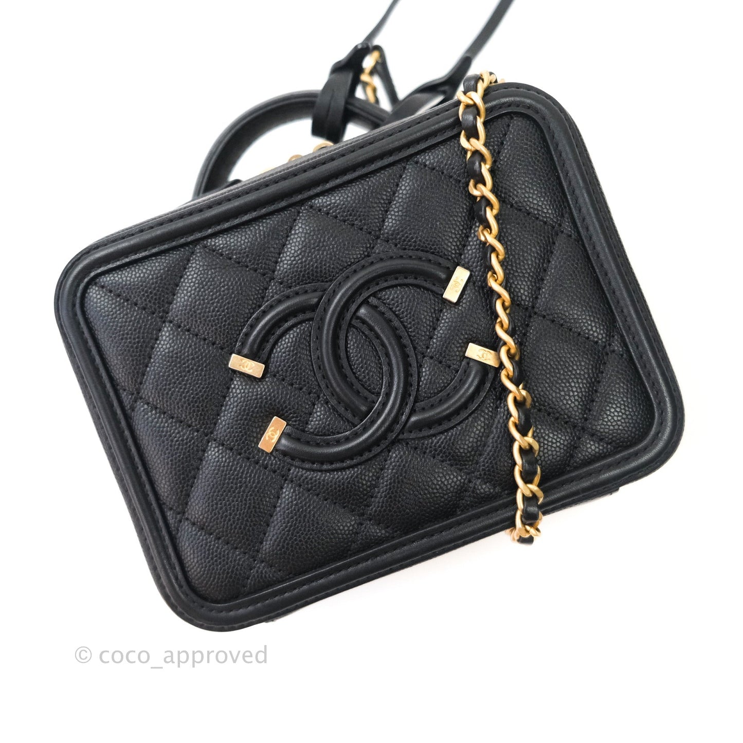 Chanel Quilted Small CC Filigree Vanity Case Black Caviar