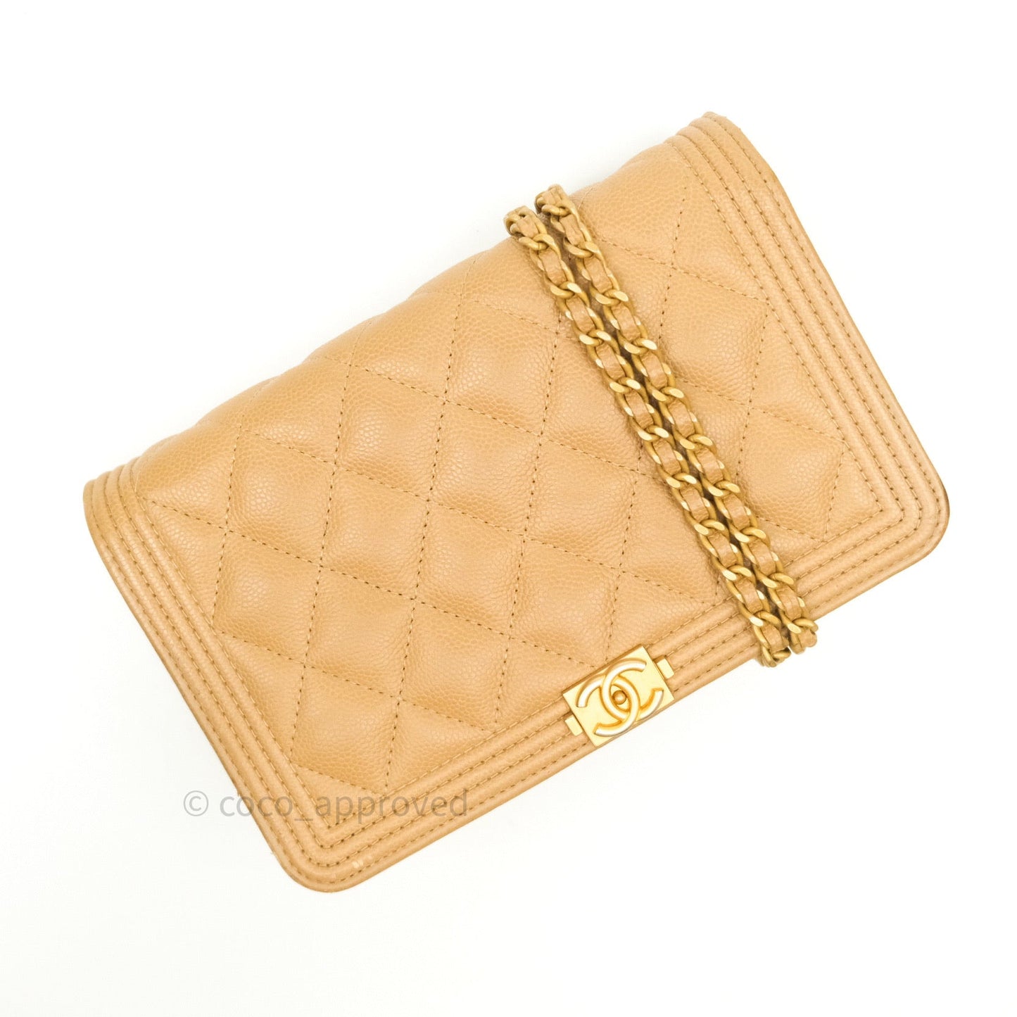 Chanel Quilted Boy Wallet on Chain WOC Beige Caviar Gold Hardware