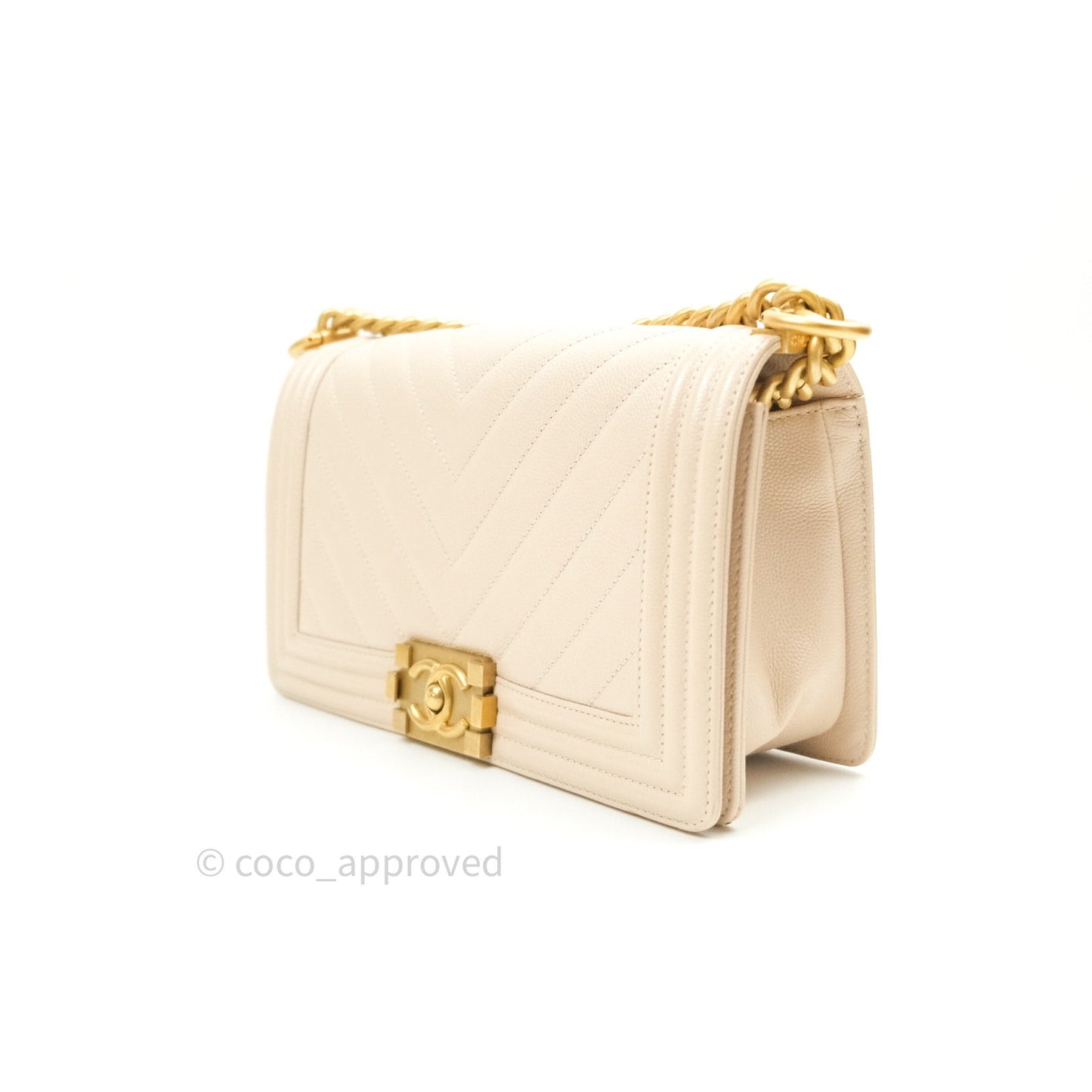 Chanel Boy Chevron Medium Beige Caviar Gold Hardware