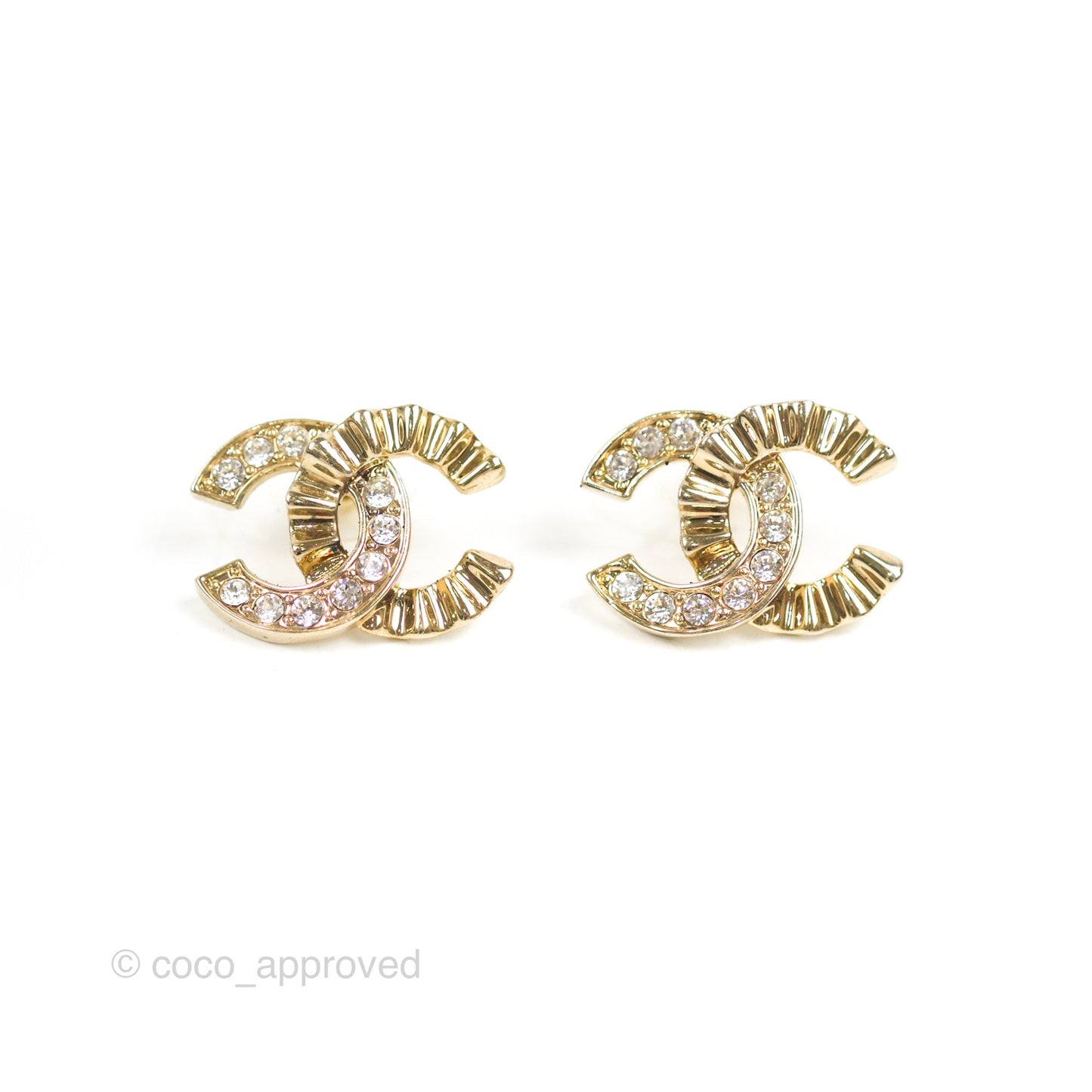 Chanel Crystal CC Wavy Earrings Light Gold Tone