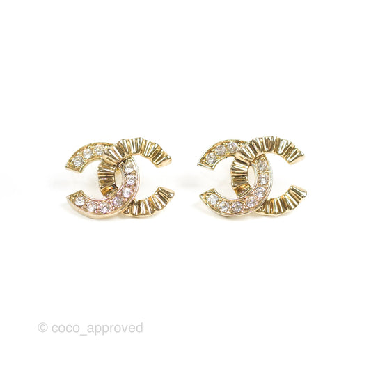 Chanel Crystal CC Wavy Earrings Light Gold Tone