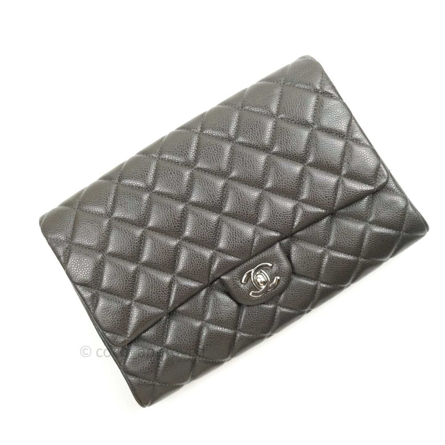 Chanel Quilted Clutch with Chain Dark Grey Caviar Leather Silver Hardware