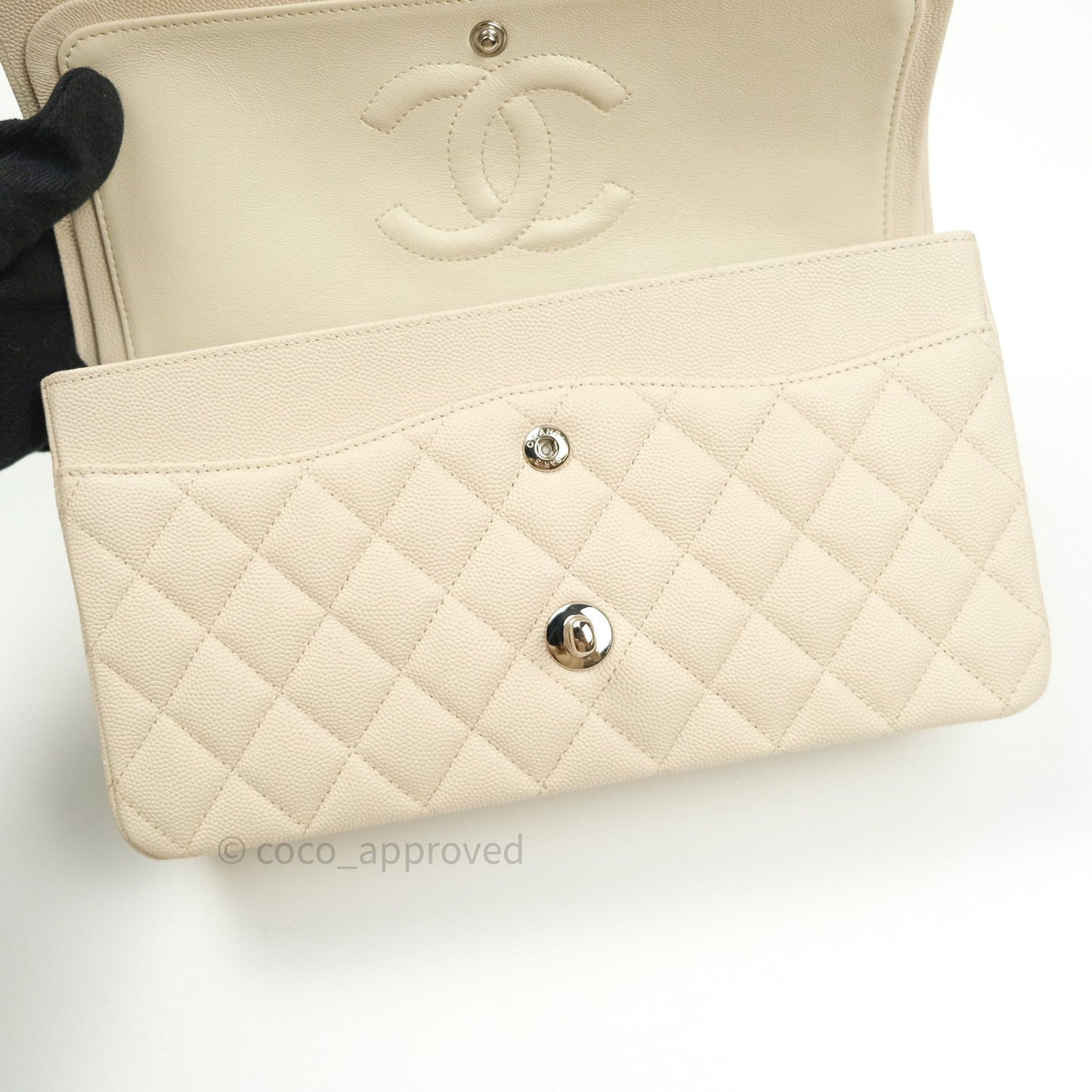 Chanel Classic M/L Medium Double Flap Quilted Ivory Caviar Silver Hardware