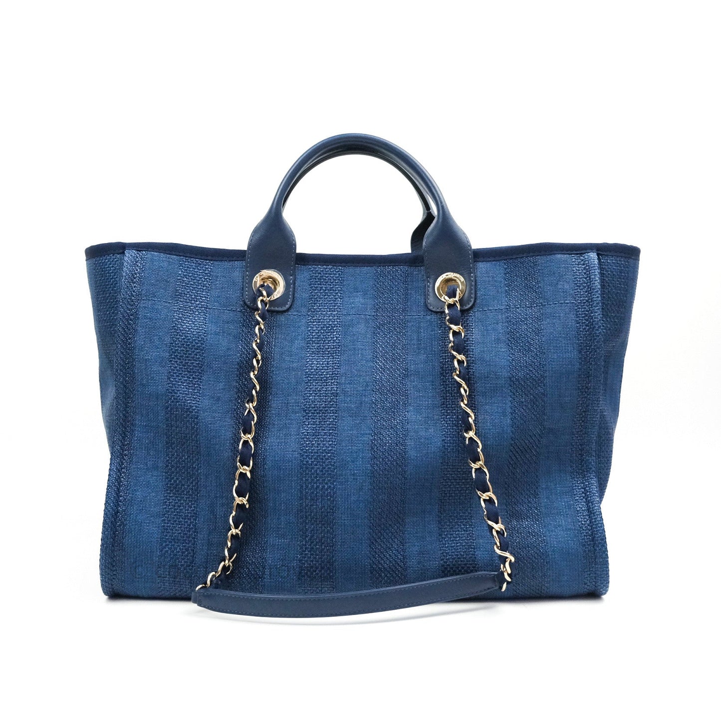Chanel Canvas Large Deauville Tote Navy Blue Stripe 20S