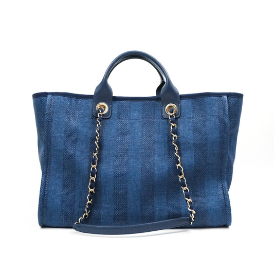 Chanel Canvas Large Deauville Tote Navy Blue Stripe 20S