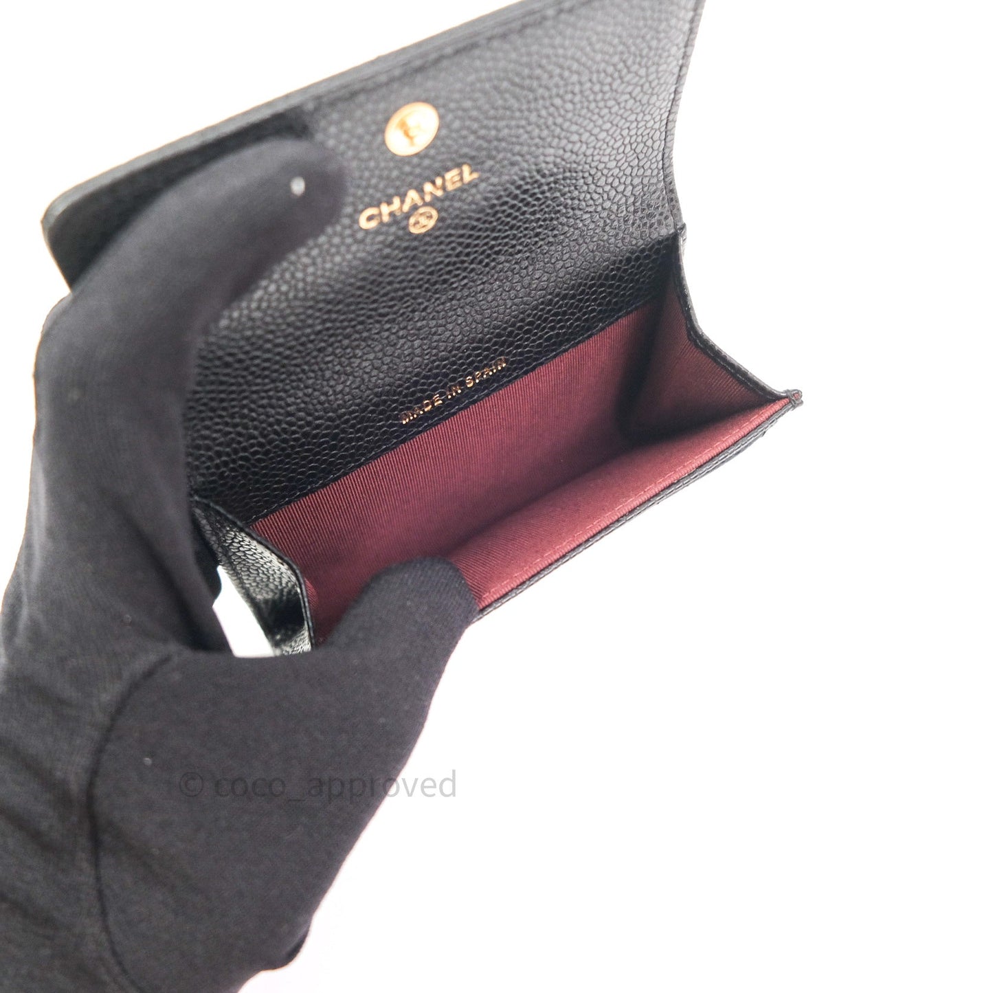 Chanel Card Holder Snap Button Black Caviar Gold Hardware