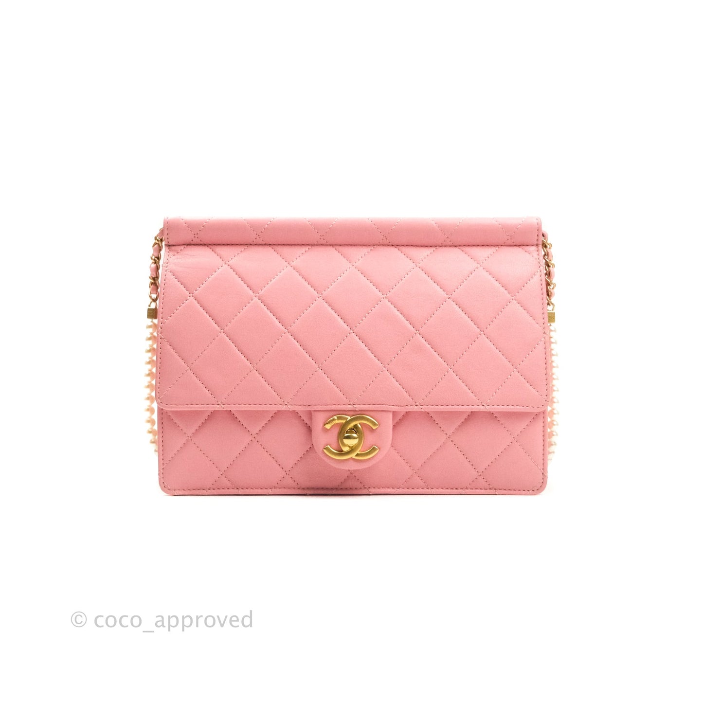 Chanel Large Quilted Lambskin Pearl Chain Flap Bag Pink Aged Gold Hardware