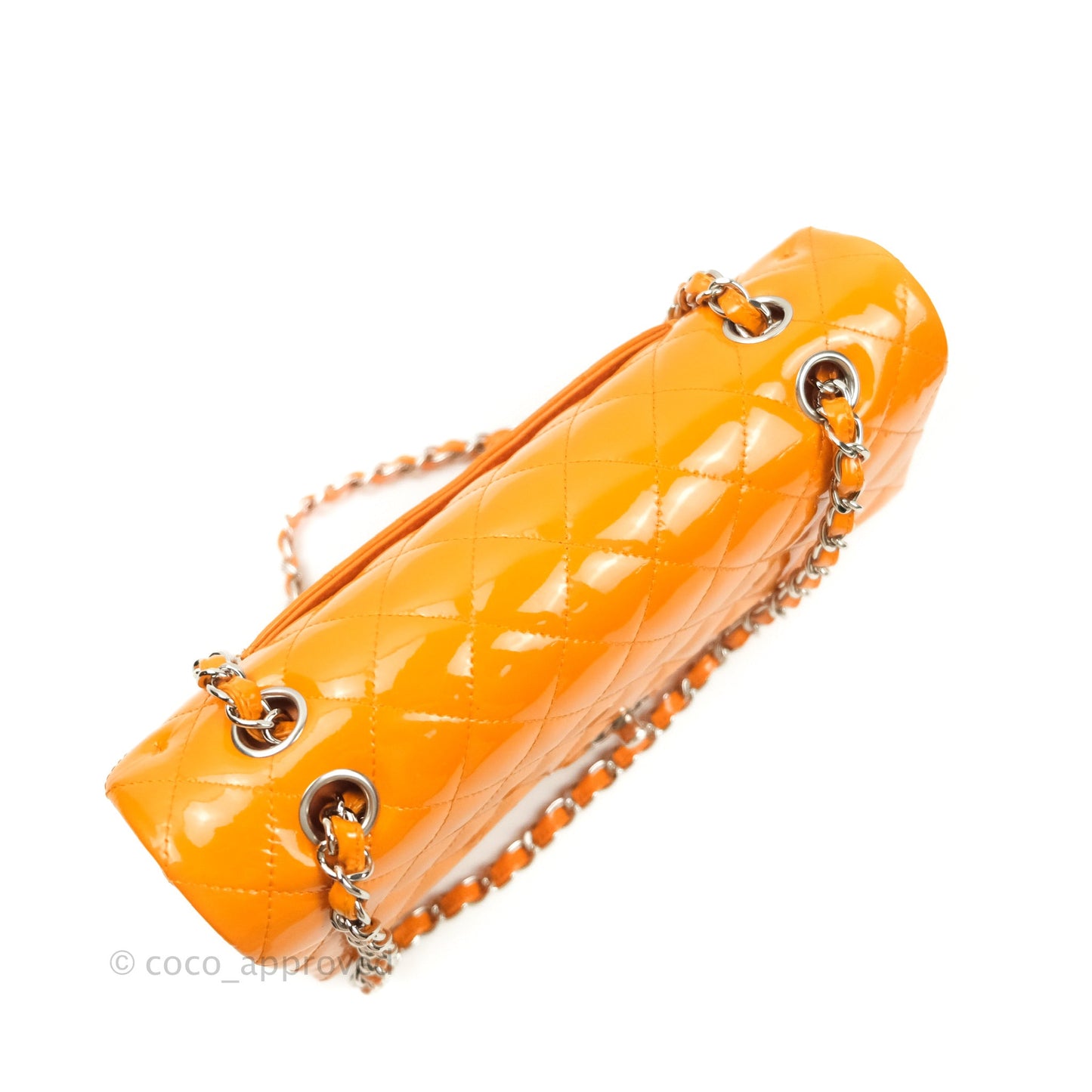 Chanel Classic M/L Medium Double Flap Orange Patent Silver Hardware