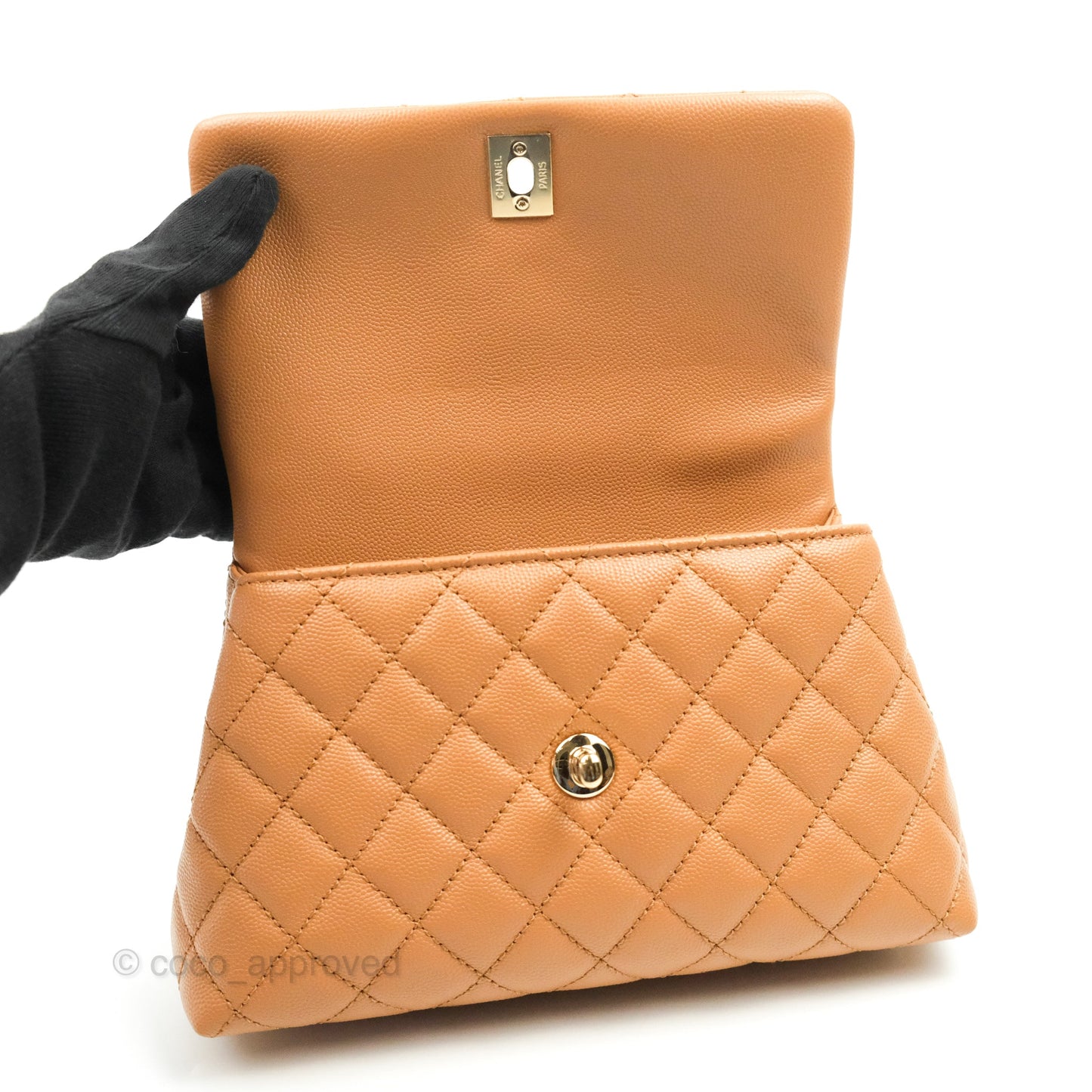 Chanel Mini (Small) Coco Handle Quilted Dark Beige Caramel Caviar Gold Hardware Lizard Embossed Handle 21P