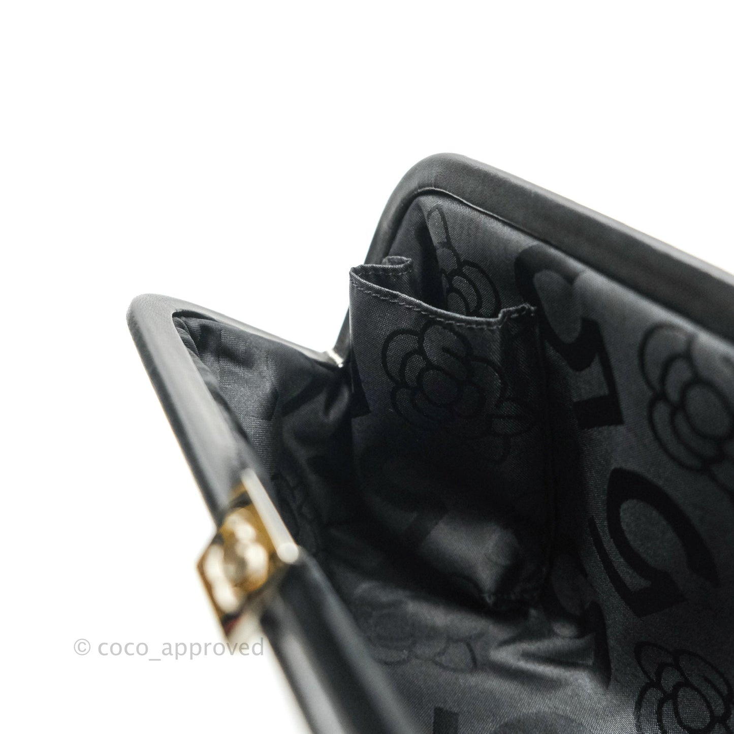 Chanel Vertical Stitch Kiss Lock Black Lambskin Clutch Silver Hardware