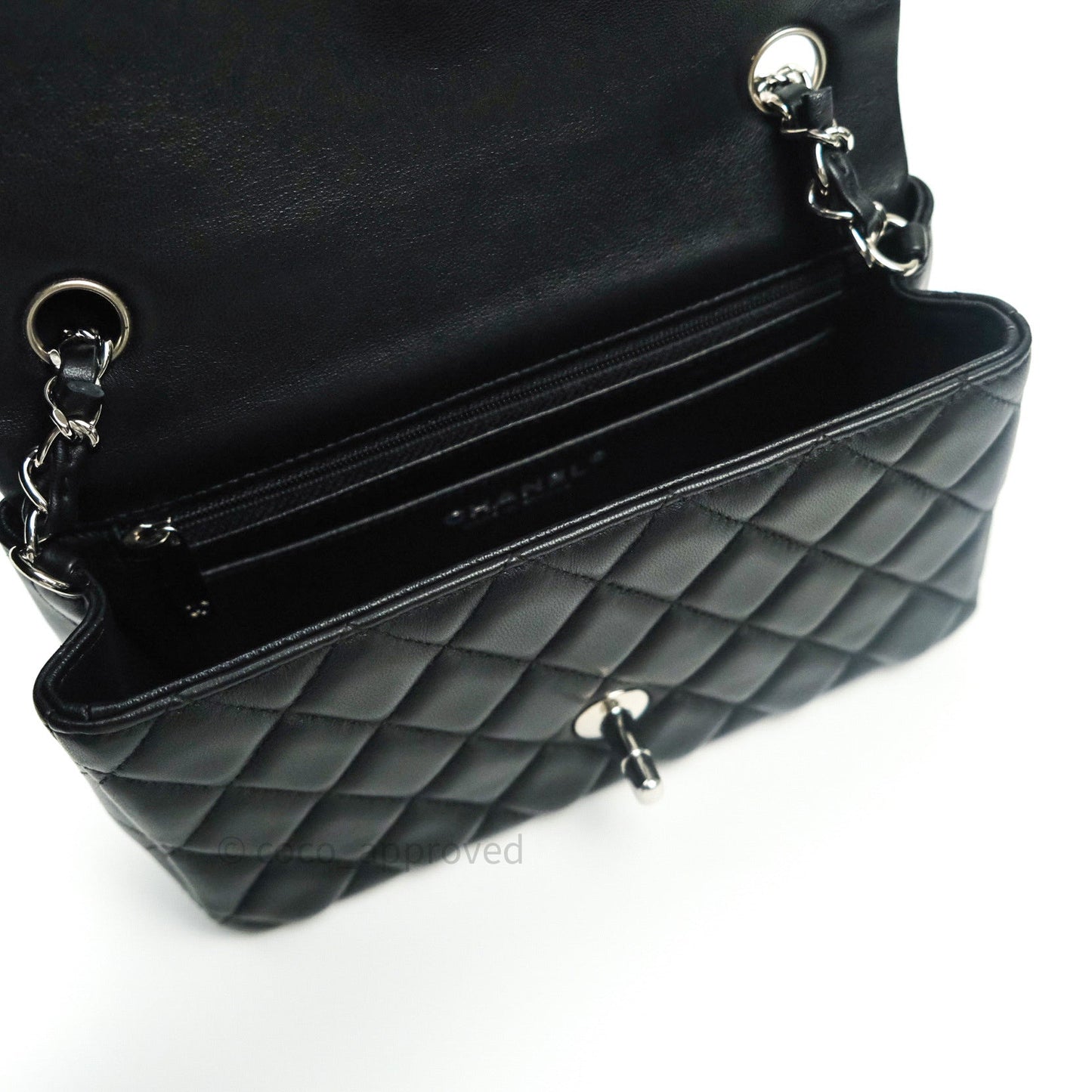 Chanel Quilted Mini Rectangular Black Lambskin Silver Hardware