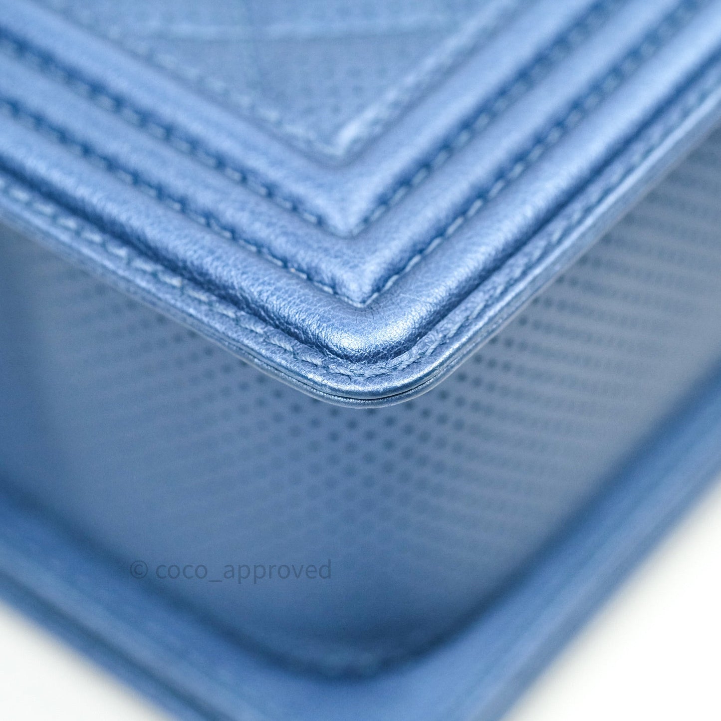 Chanel Boy Medium Blue Metallic Calfskin Perforated Silver Hardware