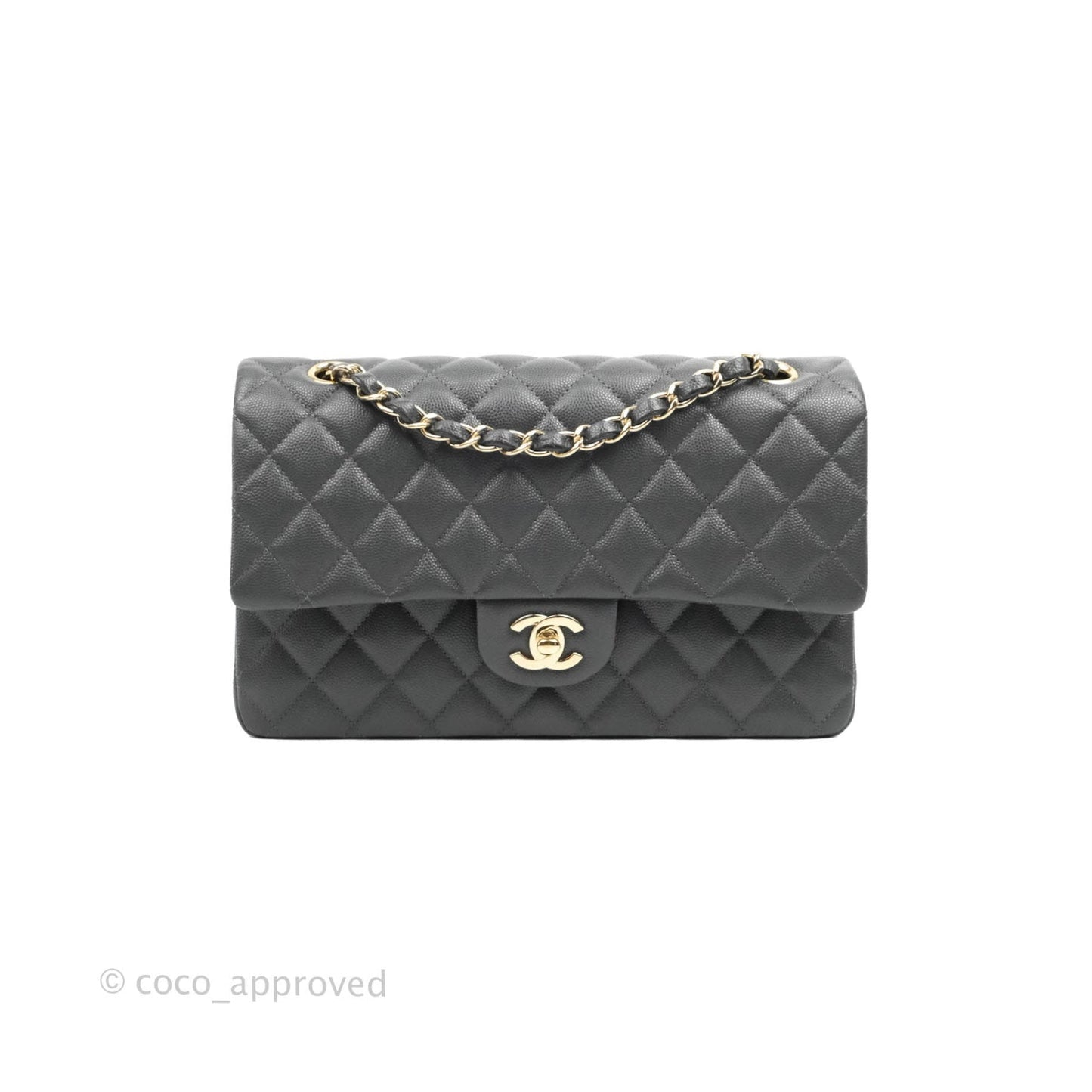 Chanel Classic M/L Medium Flap Quilted Dark Grey Caviar Gold Hardware 21B