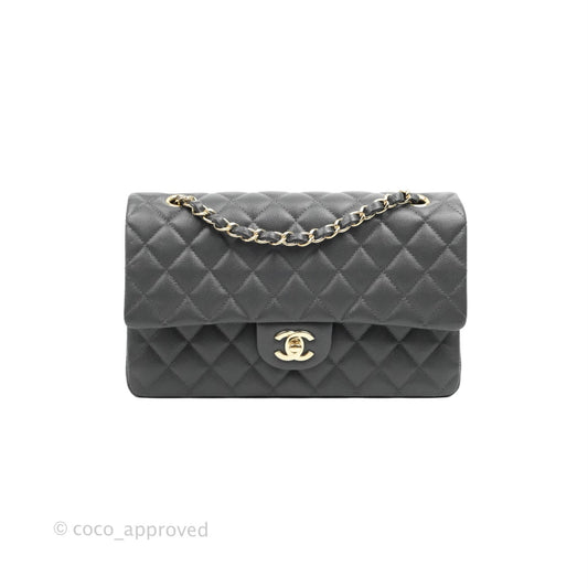 Chanel Classic M/L Medium Flap Quilted Dark Grey Caviar Gold Hardware 21B