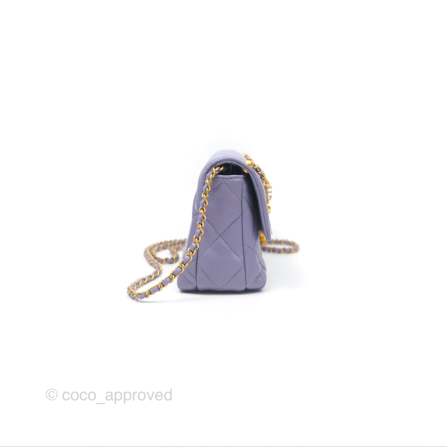 Chanel Crystal Pearl Chain Mini Flap Bag Purple Lambskin Aged Gold Hardware