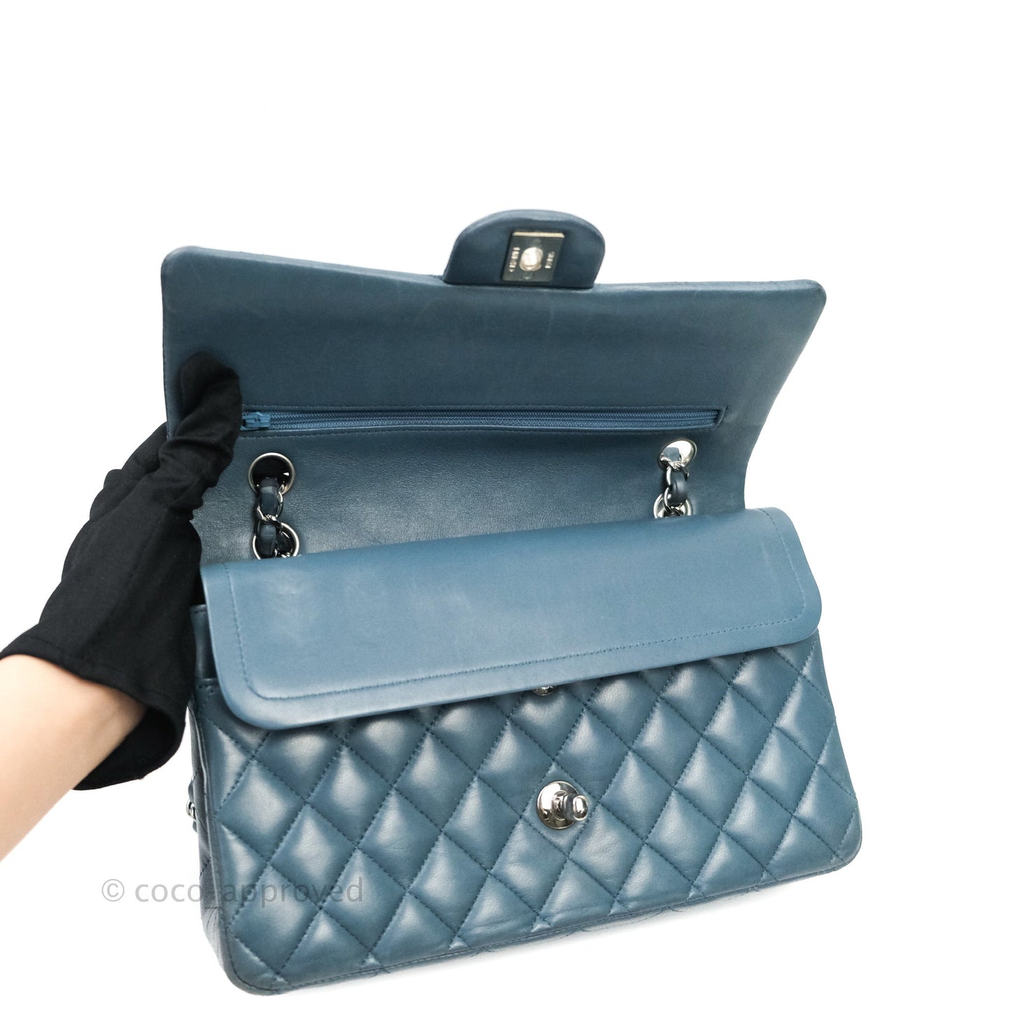 Chanel Classic M/L Medium Double Flap Blue Silver Hardware
