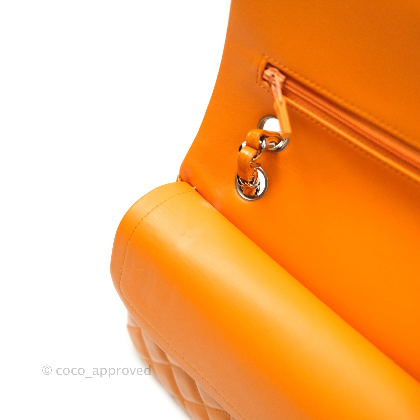 Chanel Classic M/L Medium Double Flap Orange Patent Silver Hardware