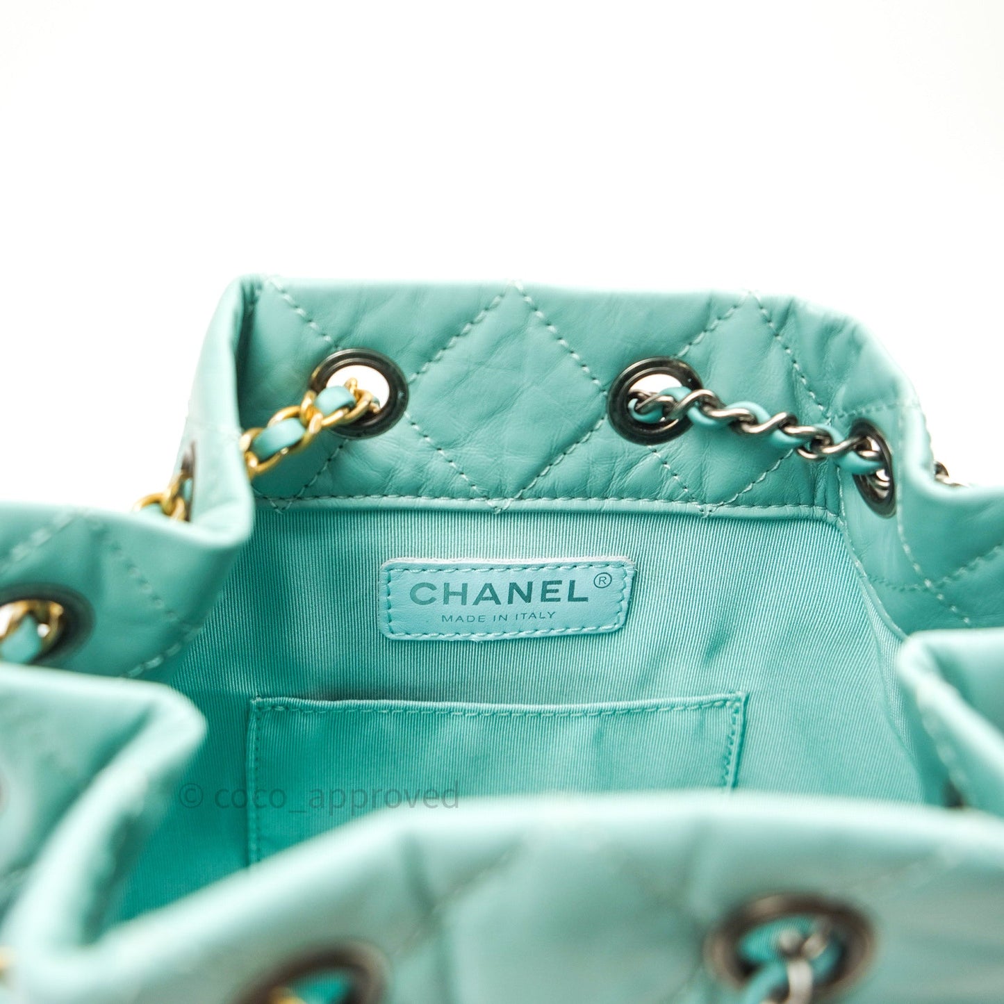 Chanel Gabrielle Backpack Black Aged Calfskin Small Tiffany Blue
