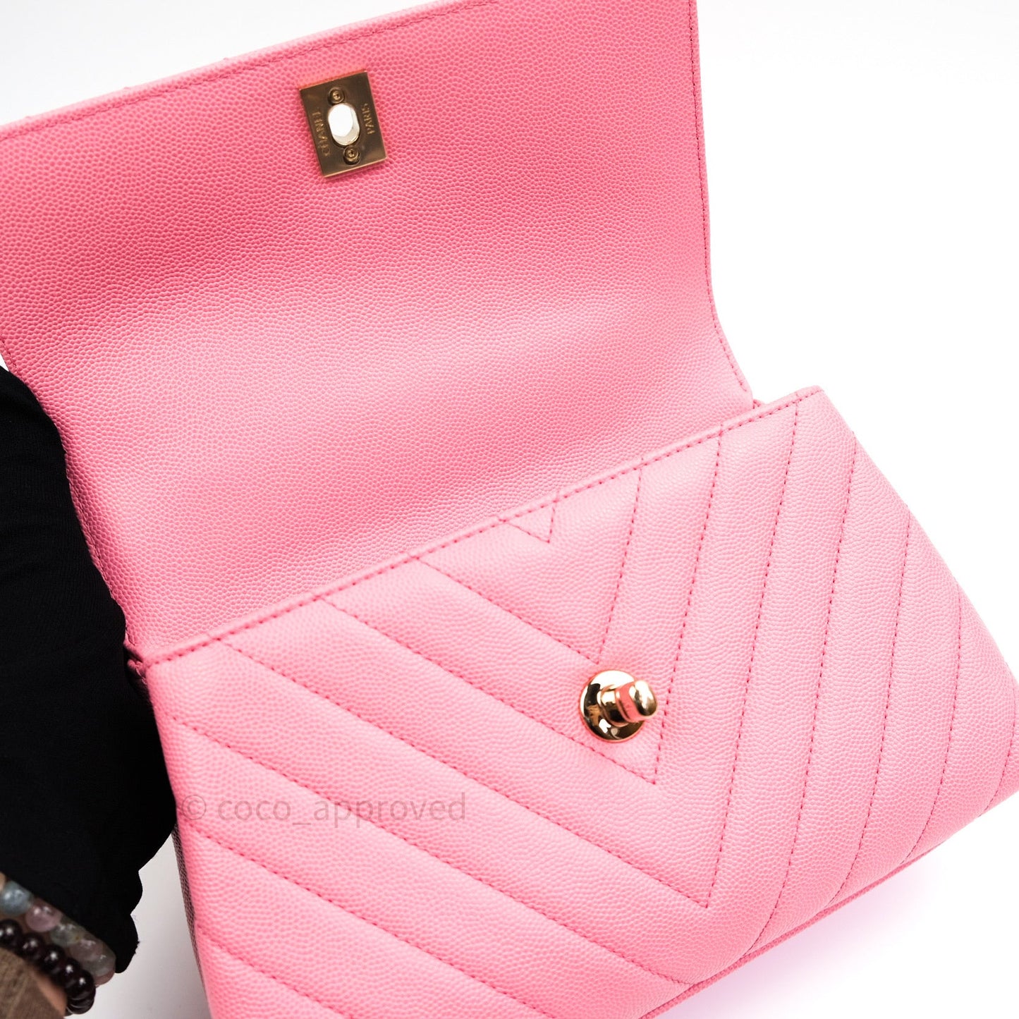 Chanel Mini Coco Handle Chevron Pink Caviar Quilted Gold Hardware