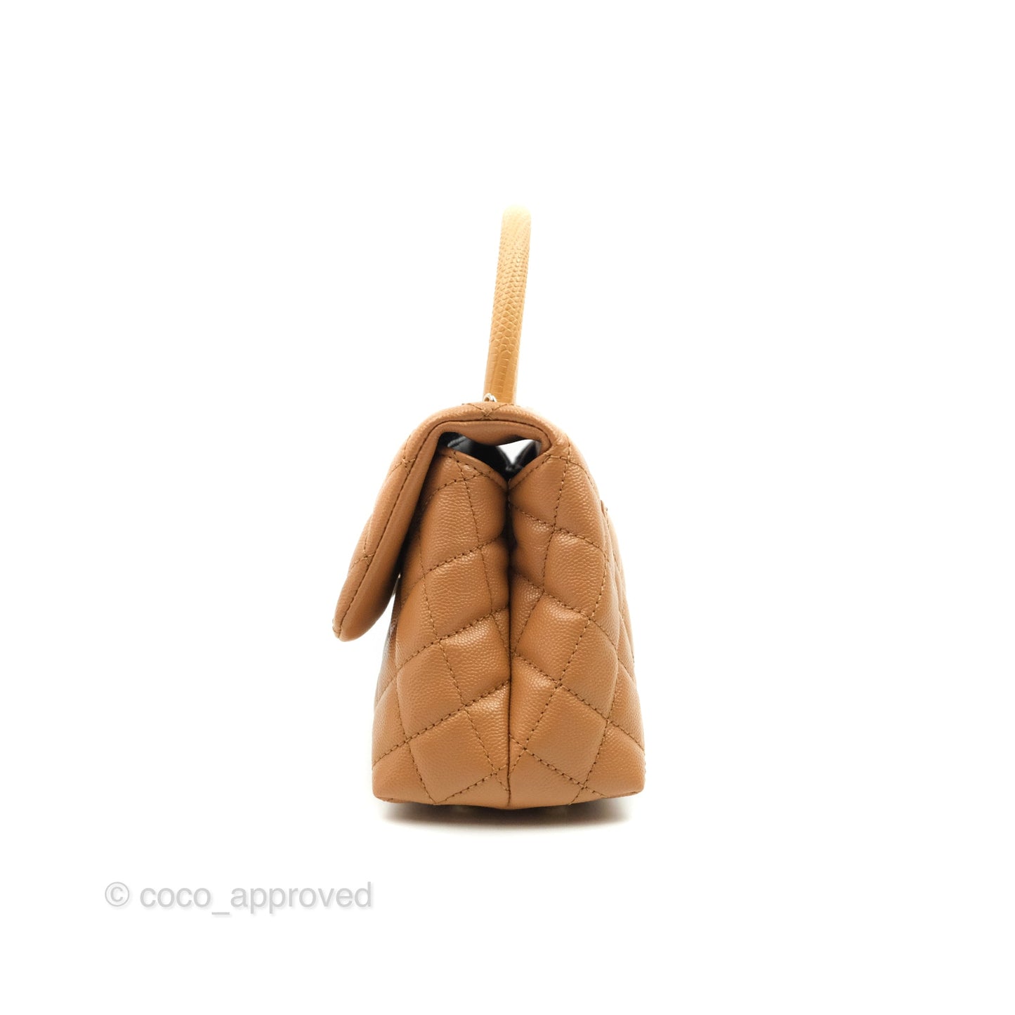 Chanel Mini (Small) Coco Handle Quilted Dark Beige Caramel Caviar Gold Hardware Lizard Embossed Handle 21P