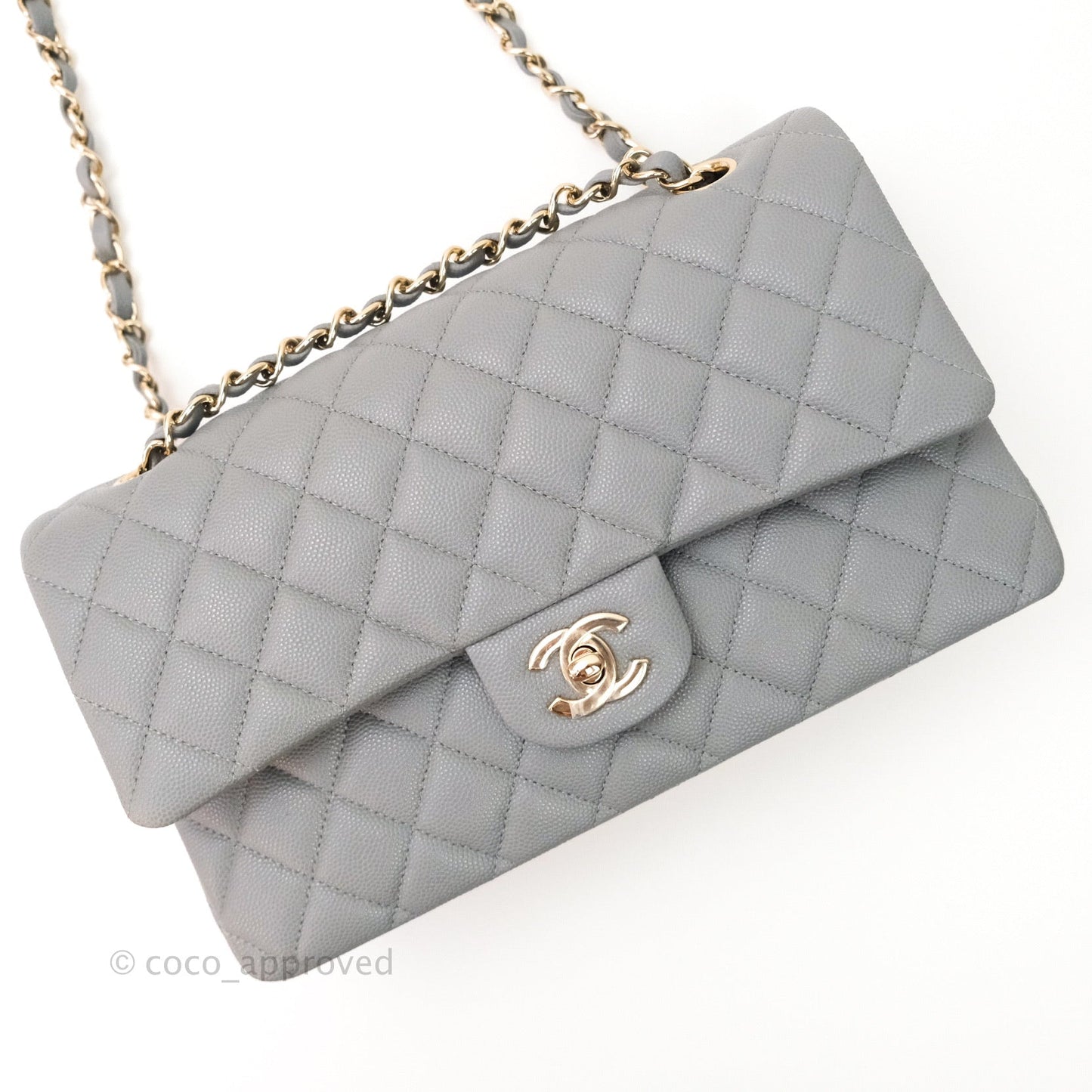 Chanel Classic M/L Medium Double Flap Quilted Grey Caviar Gold Hardware 20C