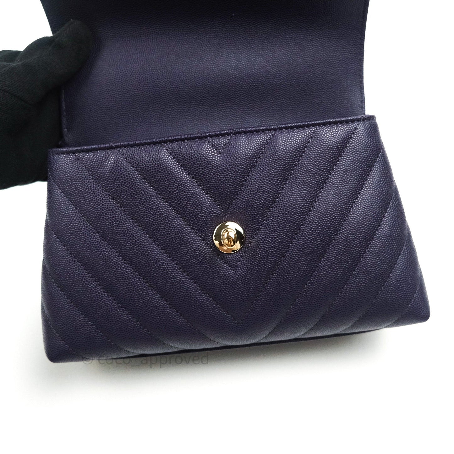 Chanel Mini Coco Handle Chevron Purple Caviar Quilted Gold Hardware