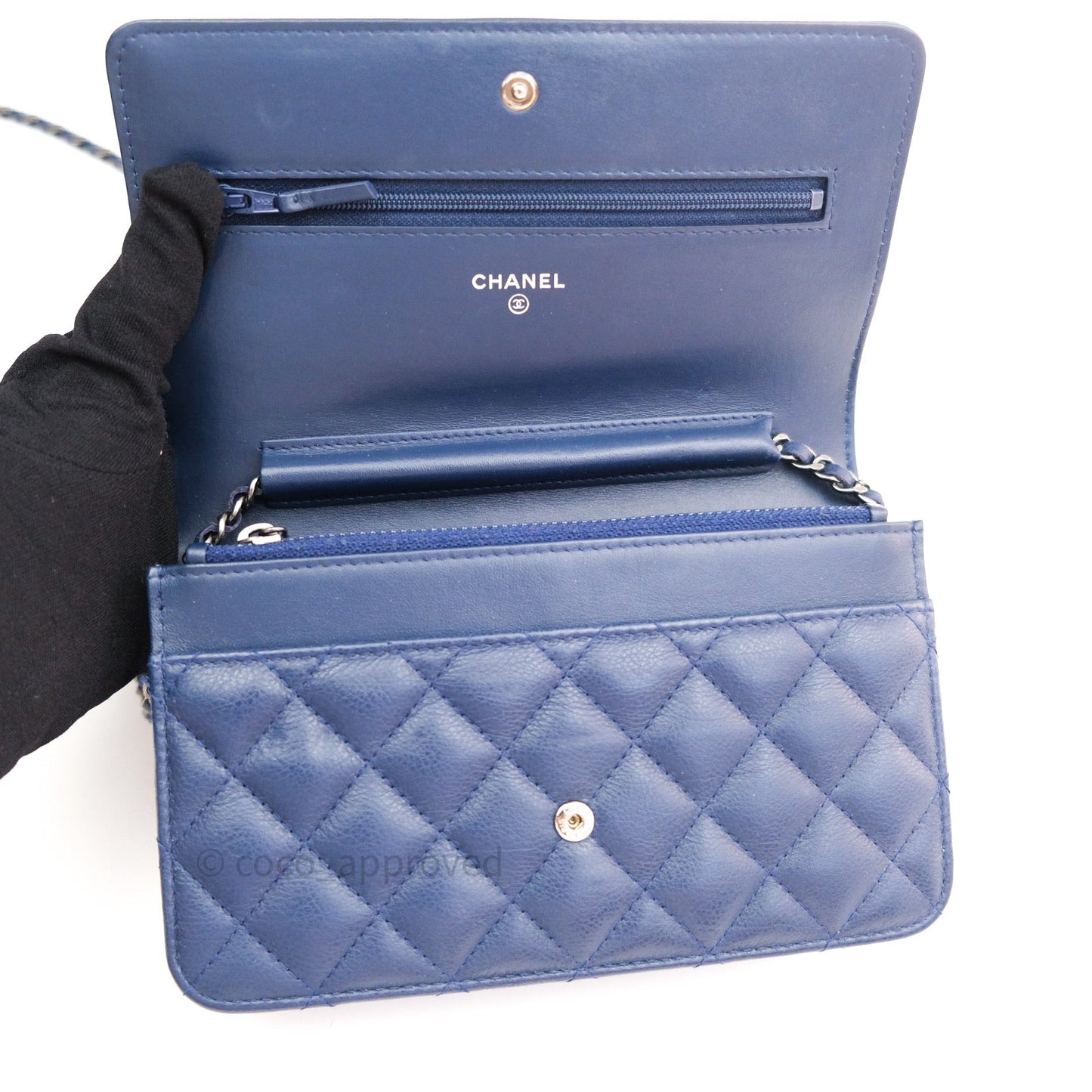 Chanel Quilted Boy Wallet on Chain WOC Blue Grained Calfskin Ruthenium Hardware