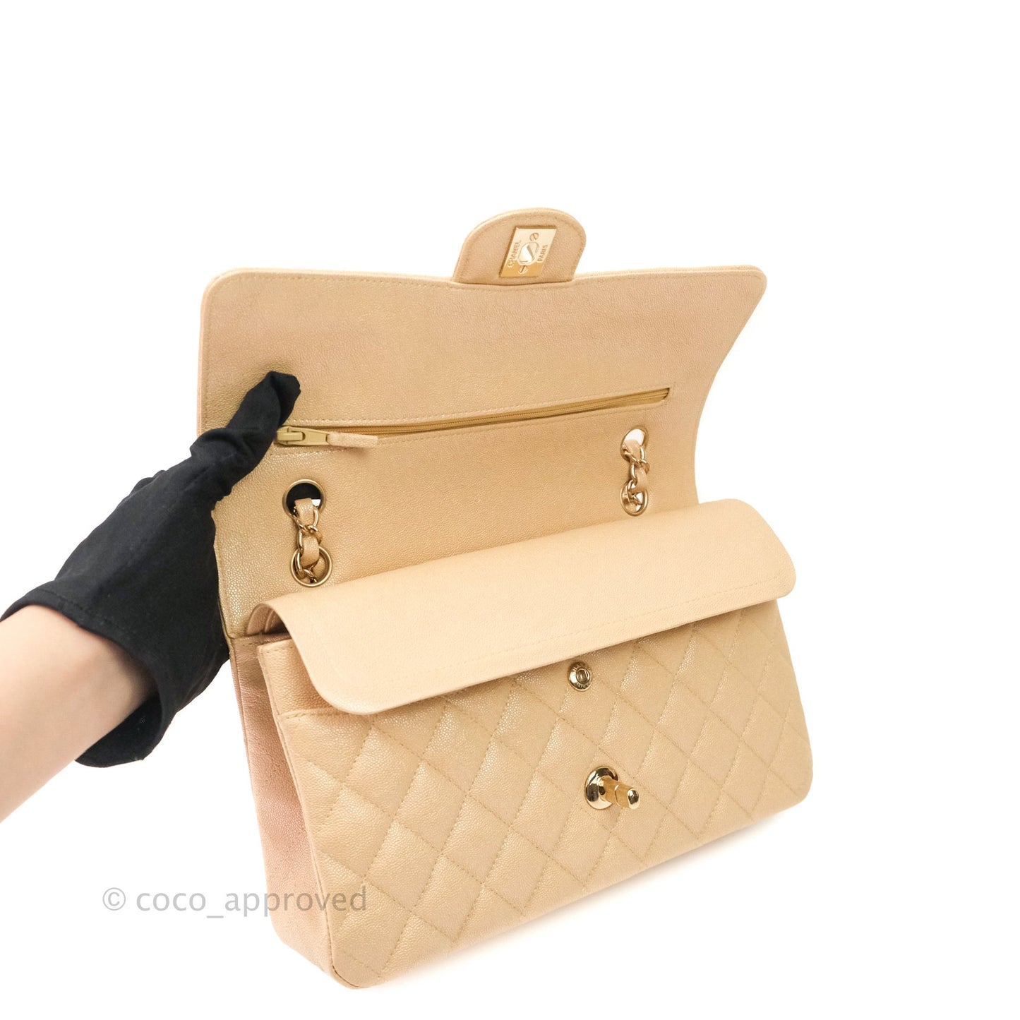 Chanel Classic M/L Medium Double Flap Iridescent Beige Caviar Gold Hardware 19S