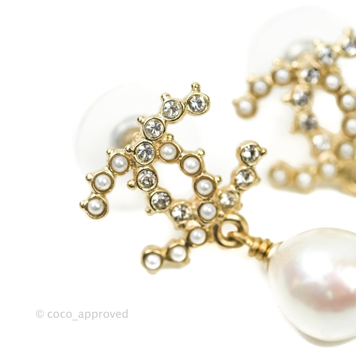 Chanel CC Pearl Drop Earrings Crystal Gold Tone 20B