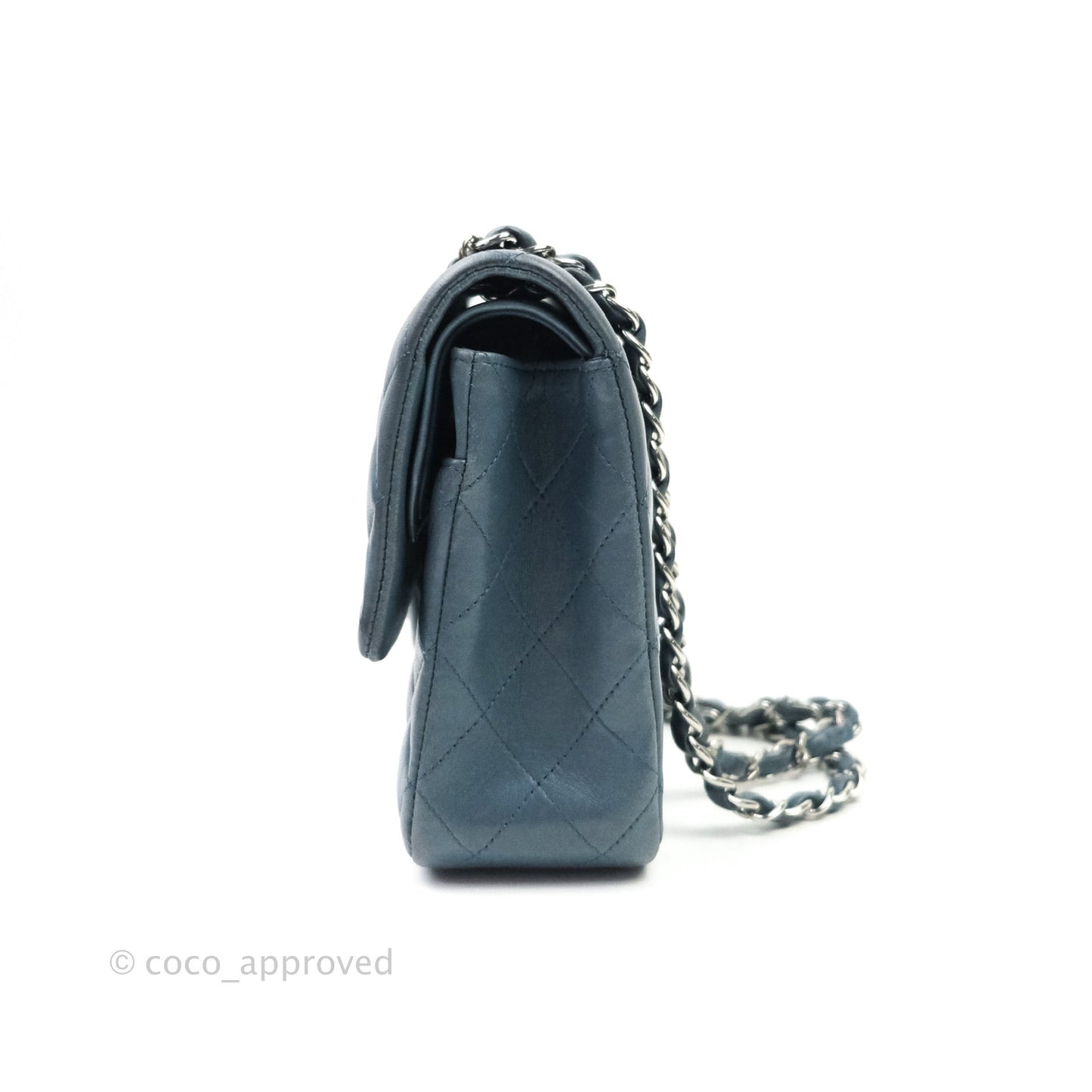 Chanel Classic M/L Medium Double Flap Blue Silver Hardware